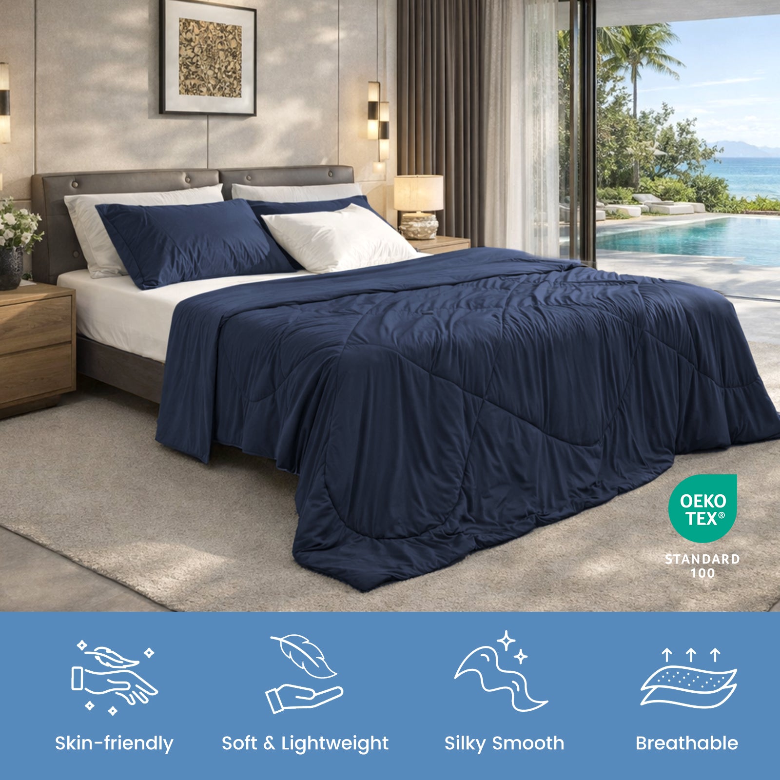 Dark blue Cloud-like extra cooling comforter on bed in luxury bedroom with ocean view, soft breathable lightweight bedding, OEKO-TEX certified#Color_Dark Blue