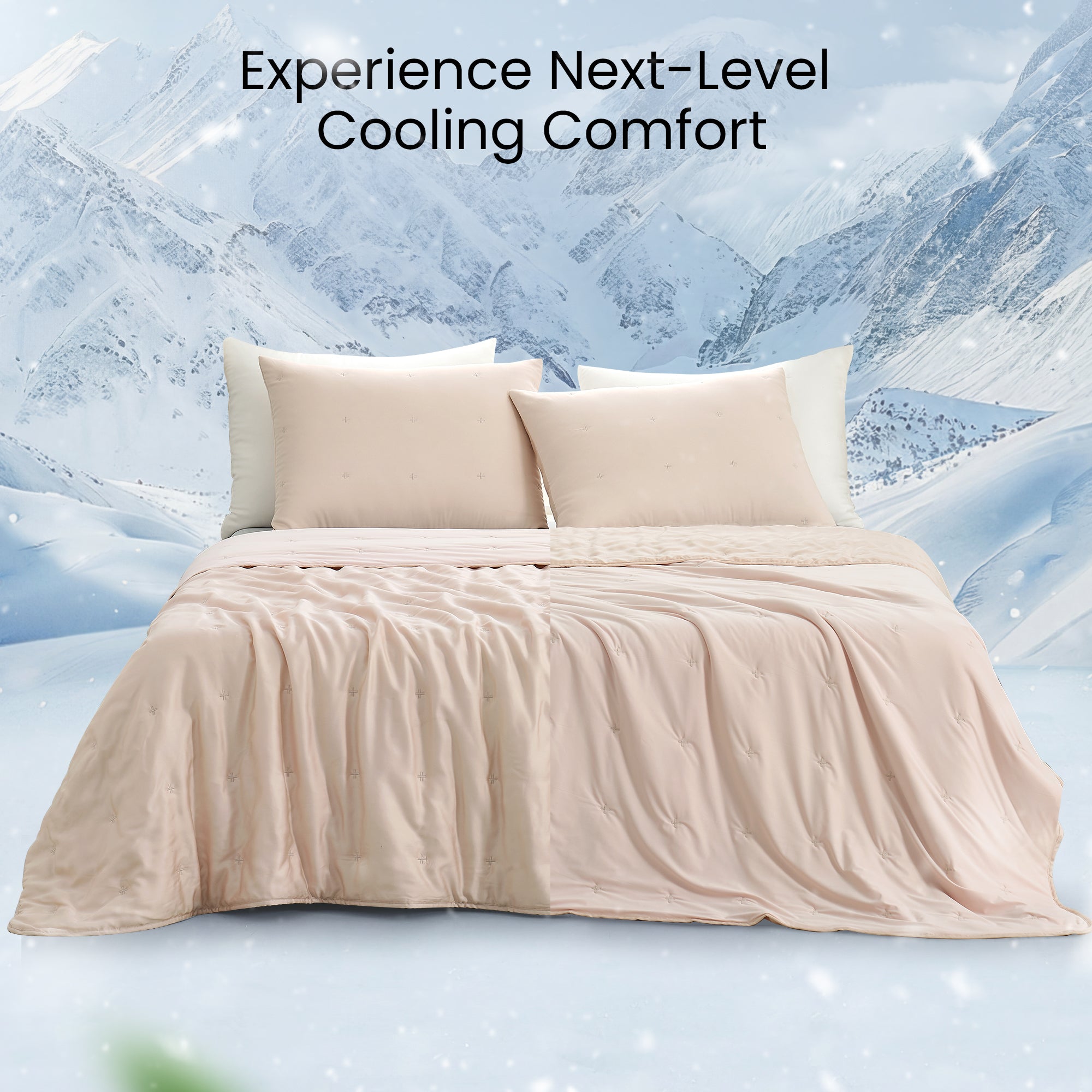 Snuggle Sac Cooling comforter in champagne on bed in a bedroom with a view of mountains in snow behind#color_Champagne