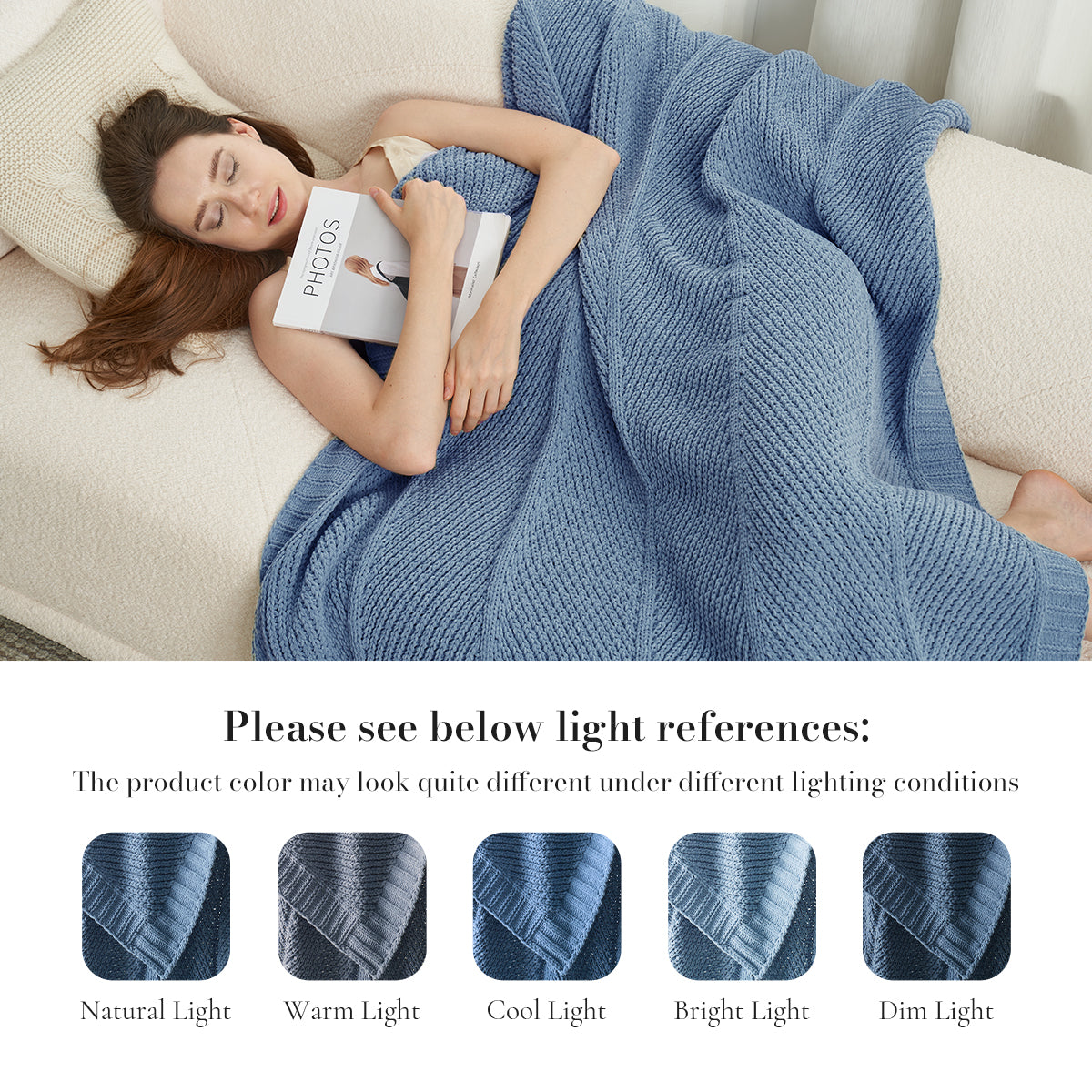 Chenille knit throw blanket in Blue shown under different lighting conditions including natural warm cool and dim light #color_Blue
