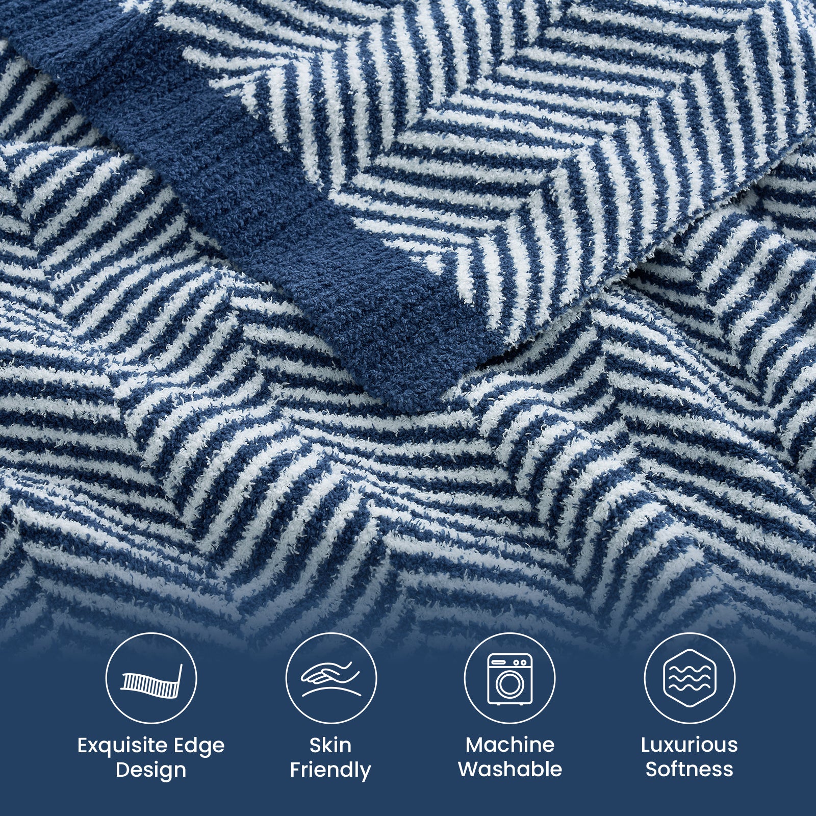 Close up of Snuggle Sacs Herringbone Feather Yarn Knit Throw Blanket, featuring 'Exquisite Edge Design, Skin Friendly, Machine Washable, Luxurious Softness'#color_Navy