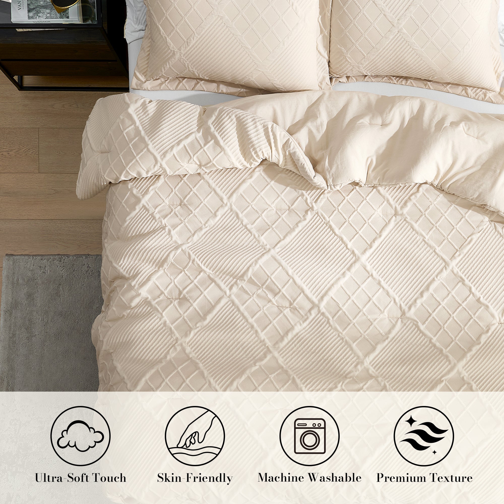 Snuggle Sac Cooling comforter in beige on bed in a bedroom showing Ultra-Soft touch, skin-friendly, Machine washable and premium texture#color_Beige