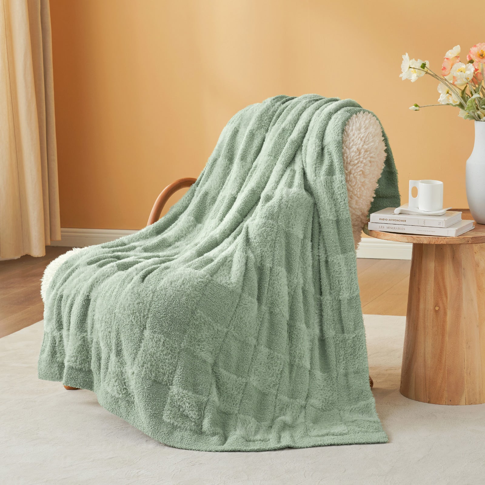 Checkered Faux Fur Microfiber Blanket - #Color_Sage Green