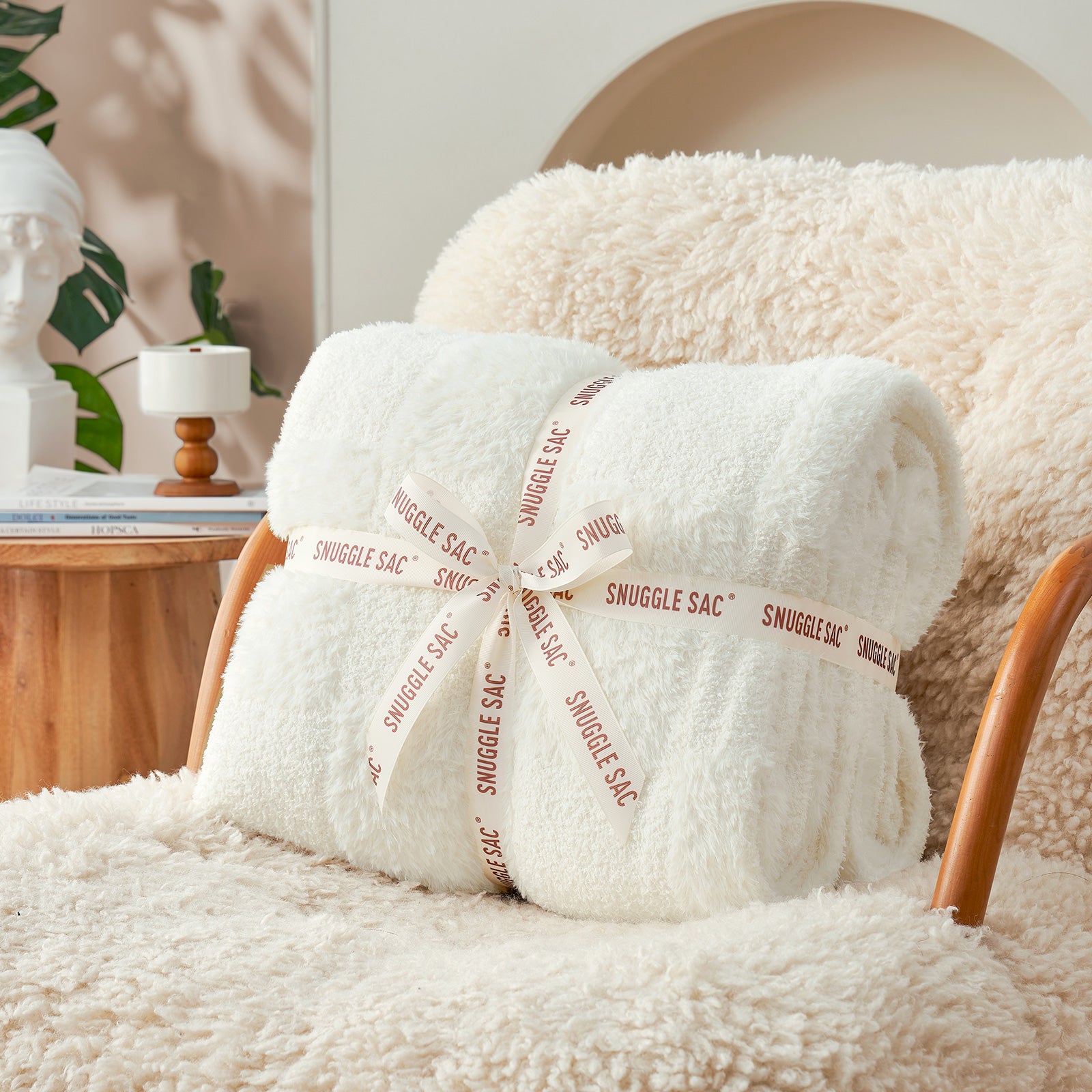 Checkered Faux Fur Microfiber Blanket - #Color_Solid Ivory