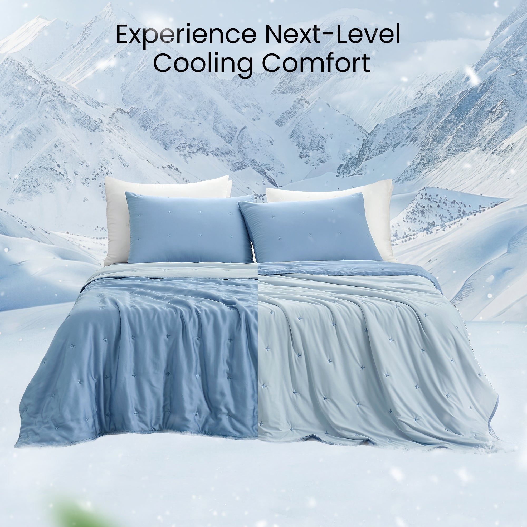 Snuggle Sac Cooling comforter in blue on bed in a bedroom with a view of mountains in snow behind#color_Blue