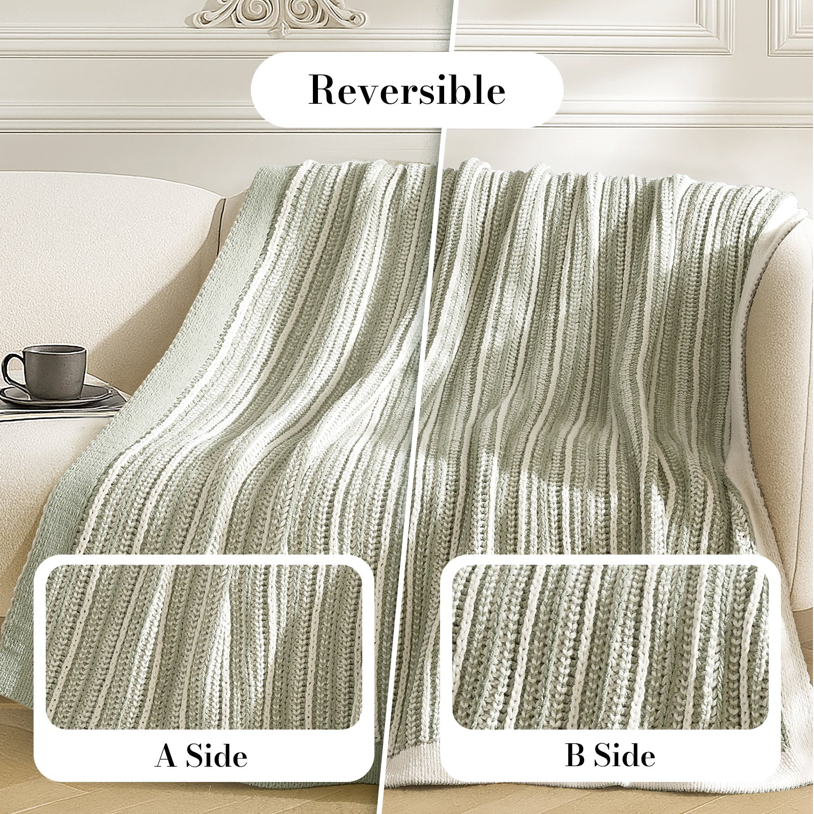 Reversible blanket on a sofa with two patterned sides shown. #color_Sage Green