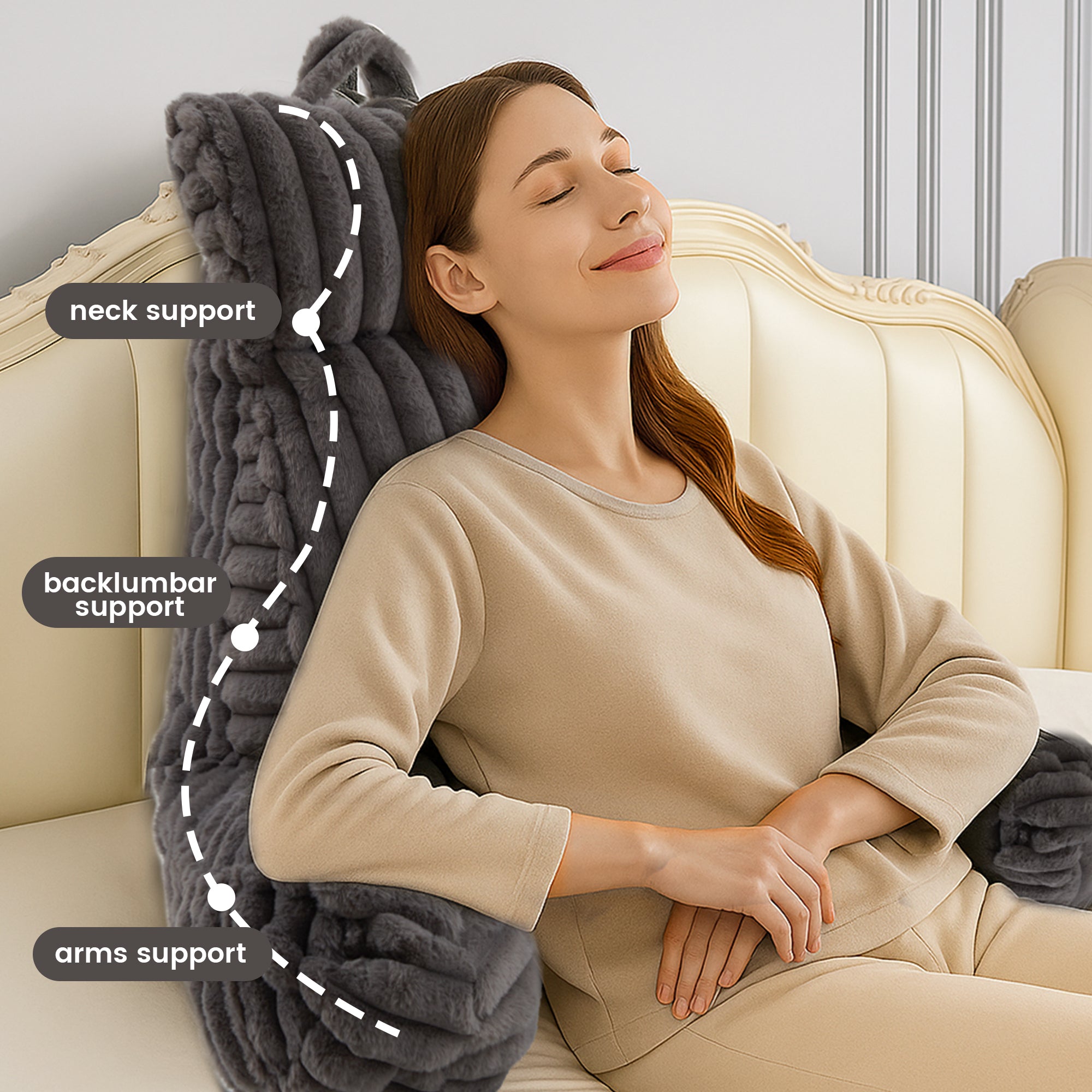 A woman laying on the bed supported by Striped Faux Fur Backrest Reading Pillow #color_Grey
