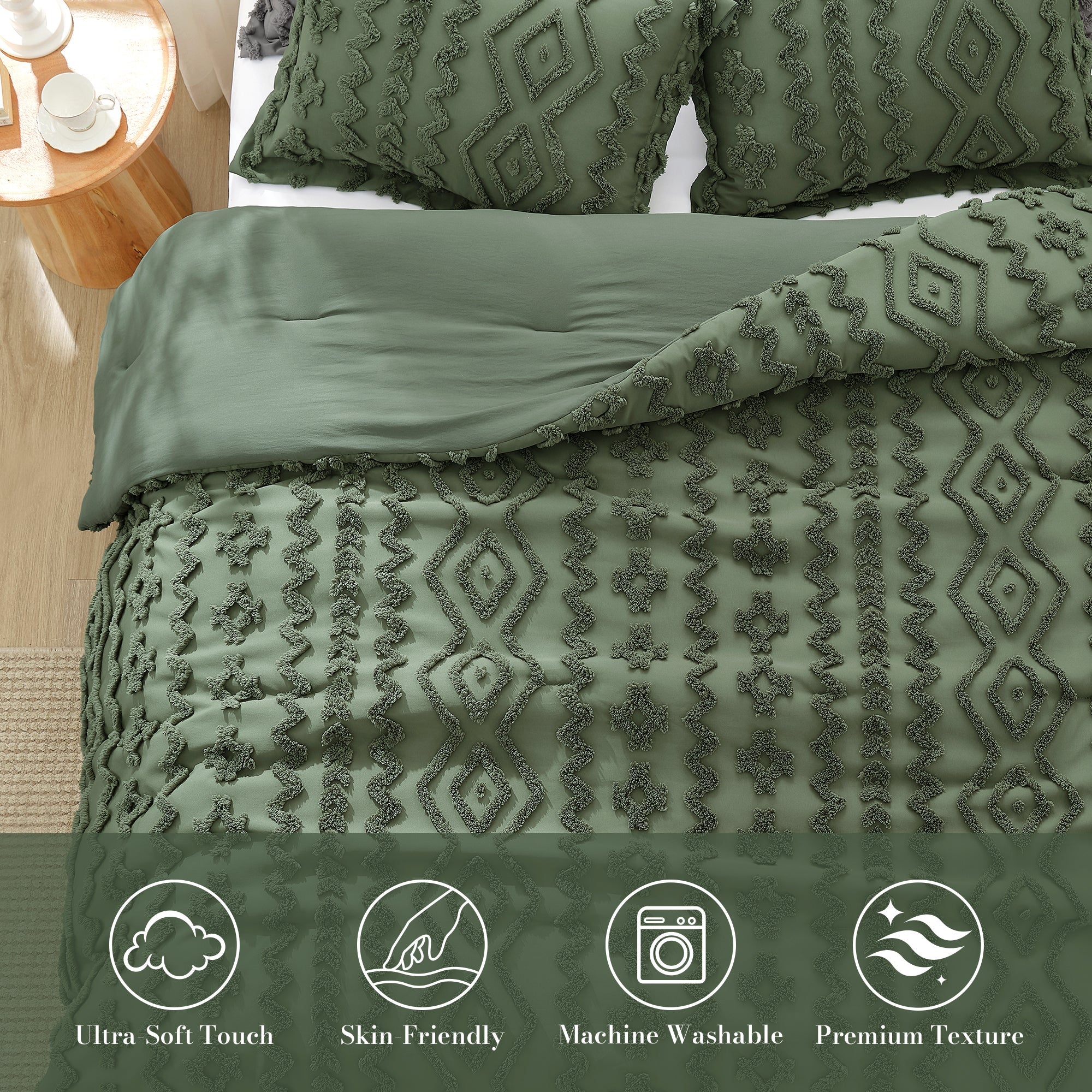 Snuggle Sac All-Season Boho Deluxe Embroidery Comforter Set on bed in a bedroom showing Ultra-Soft touch, skin-friendly, Machine washable and premium texture#color_Oliver Green