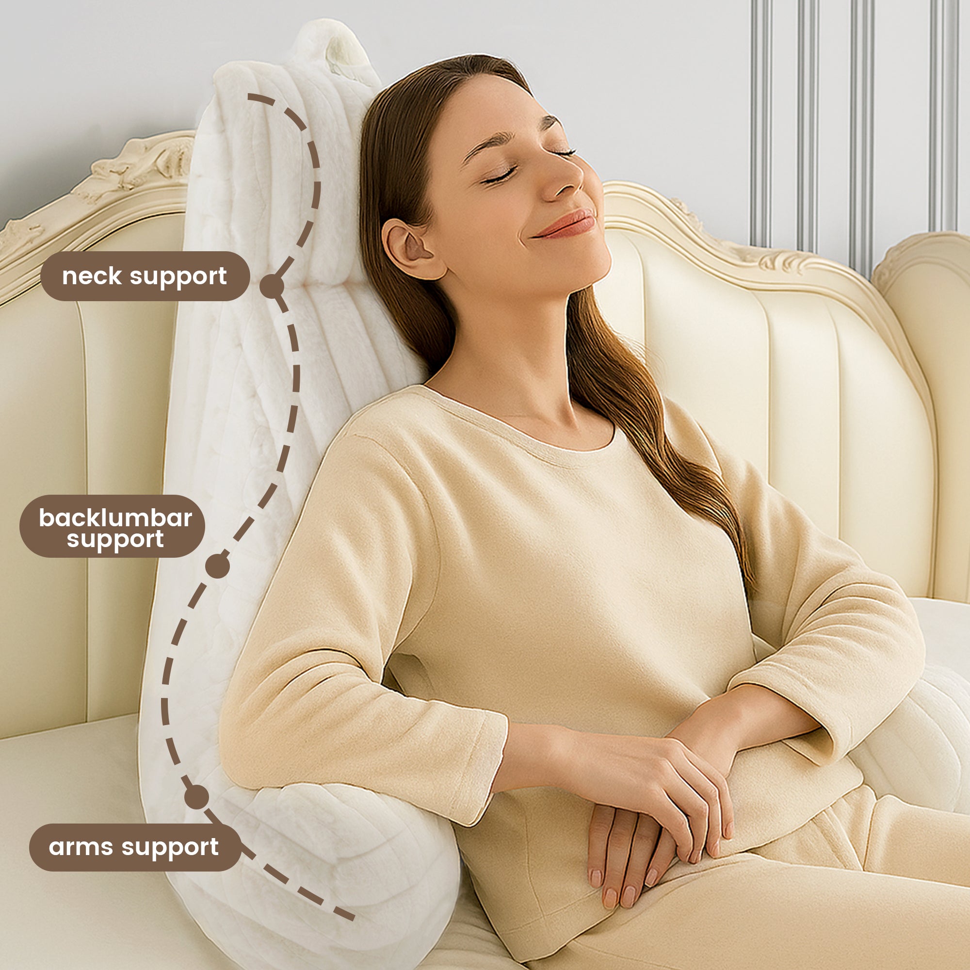 A woman laying on the bed supported by Striped Faux Fur Backrest Reading Pillow #color_Ivory
