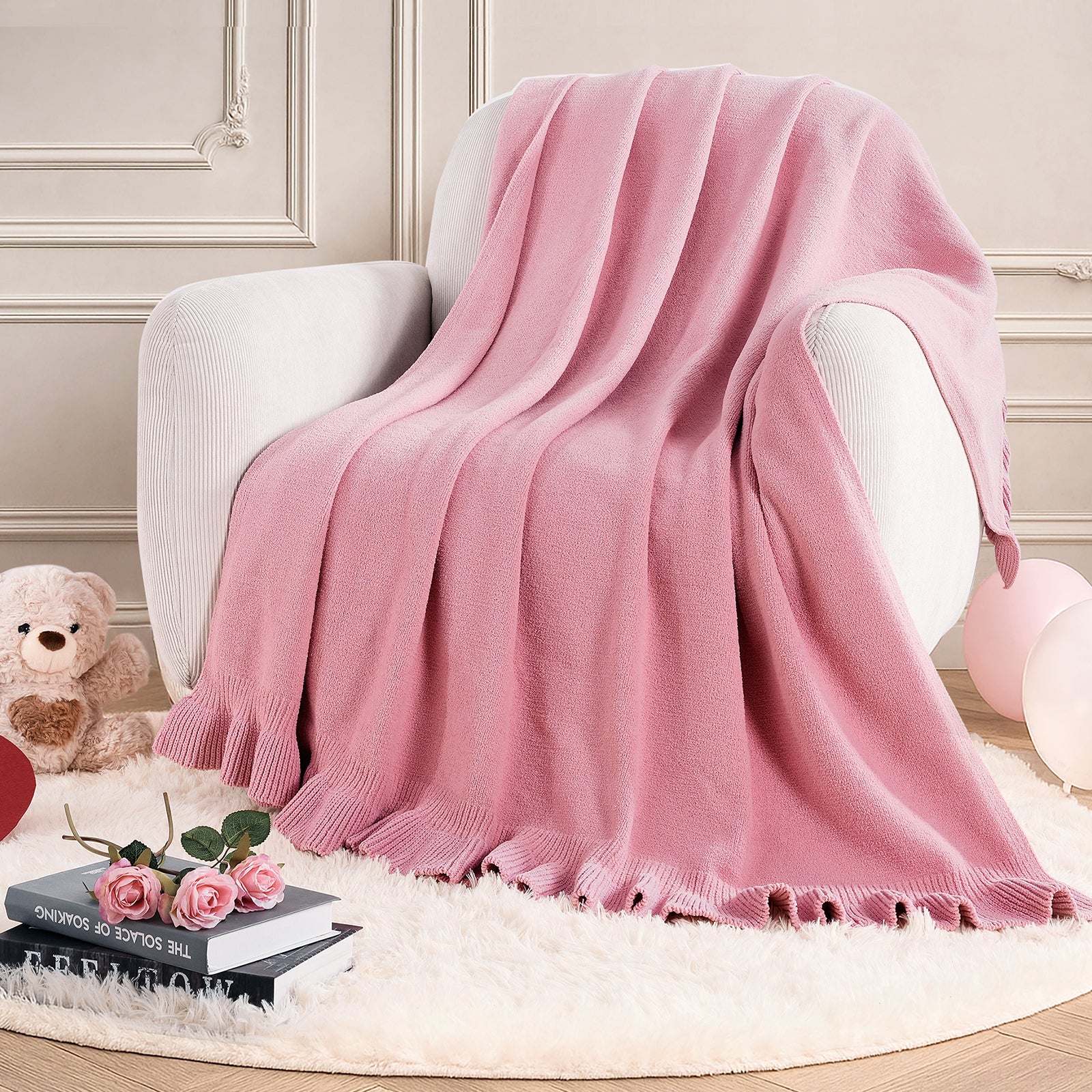SnugCozy Valentine Pink Ruffle Chenille Knit Throw Blanket