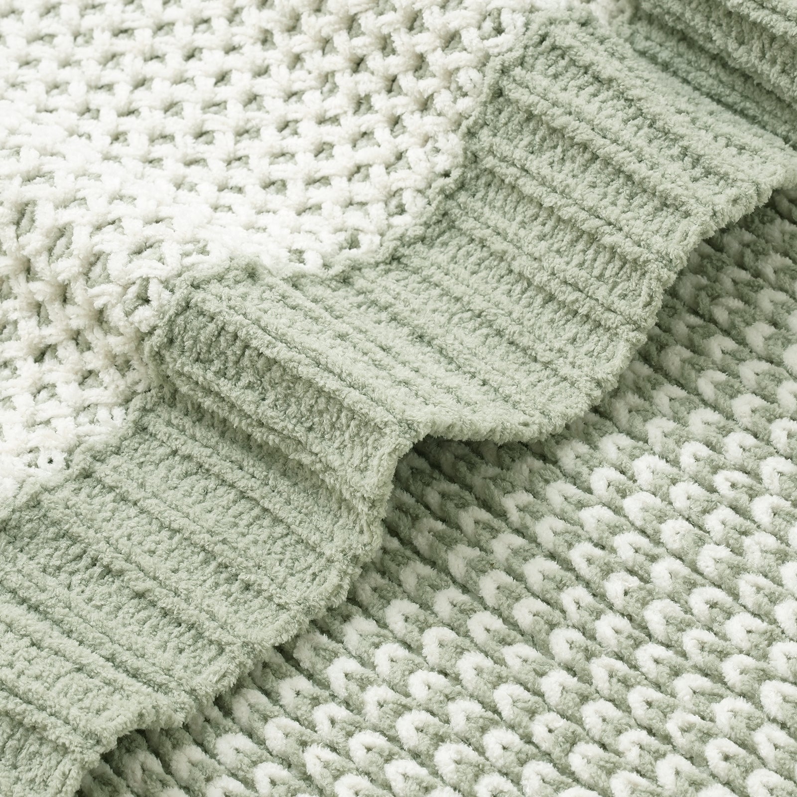 Close up of honeycomb chenille knit texture highlighting two tone pattern and soft touch #color_Sage Green