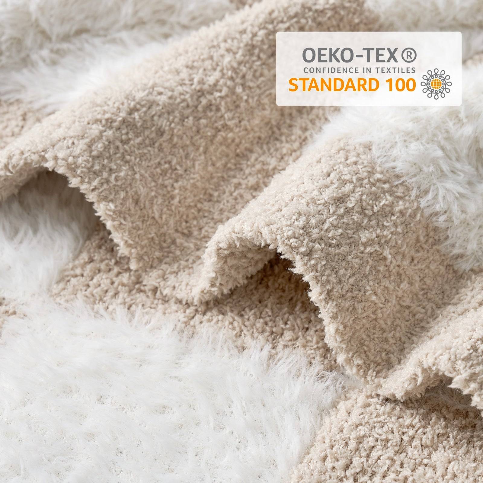 Checkered Faux Fur Microfiber Blanket - #Color_Beige White
