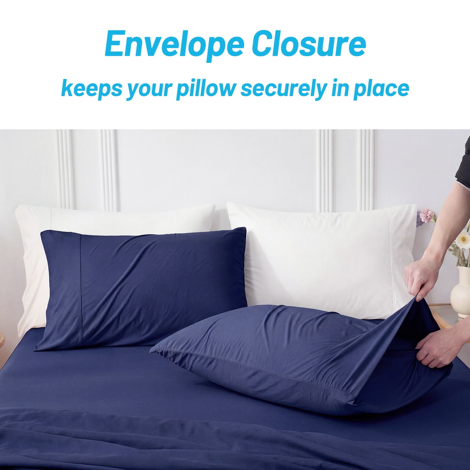 Dark blue Snuggle Sac pillowcase with envelope closure being shown on a bed.#color_Dark Blue