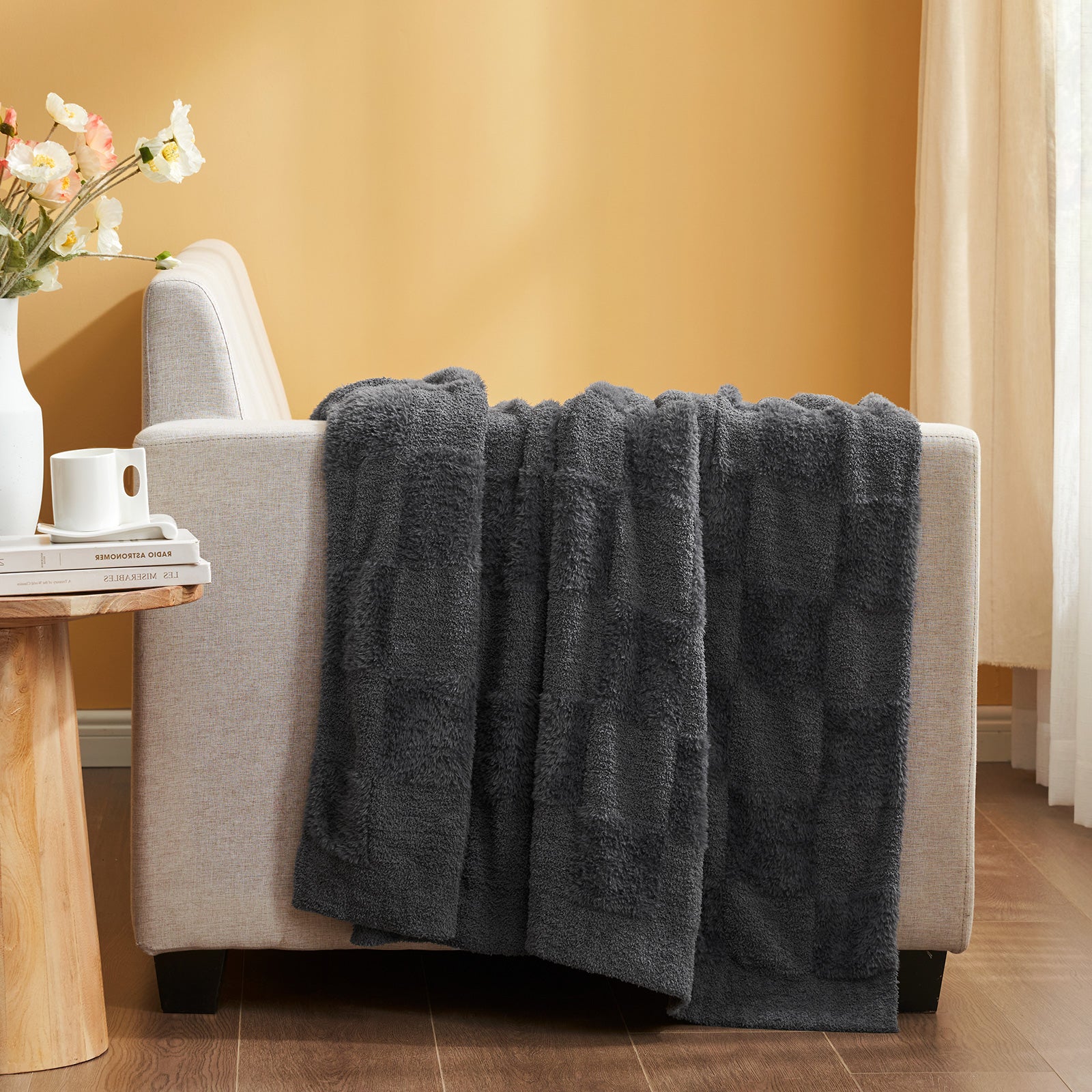 Checkered Faux Fur Microfiber Blanket - #Color_Solid Dark Grey
