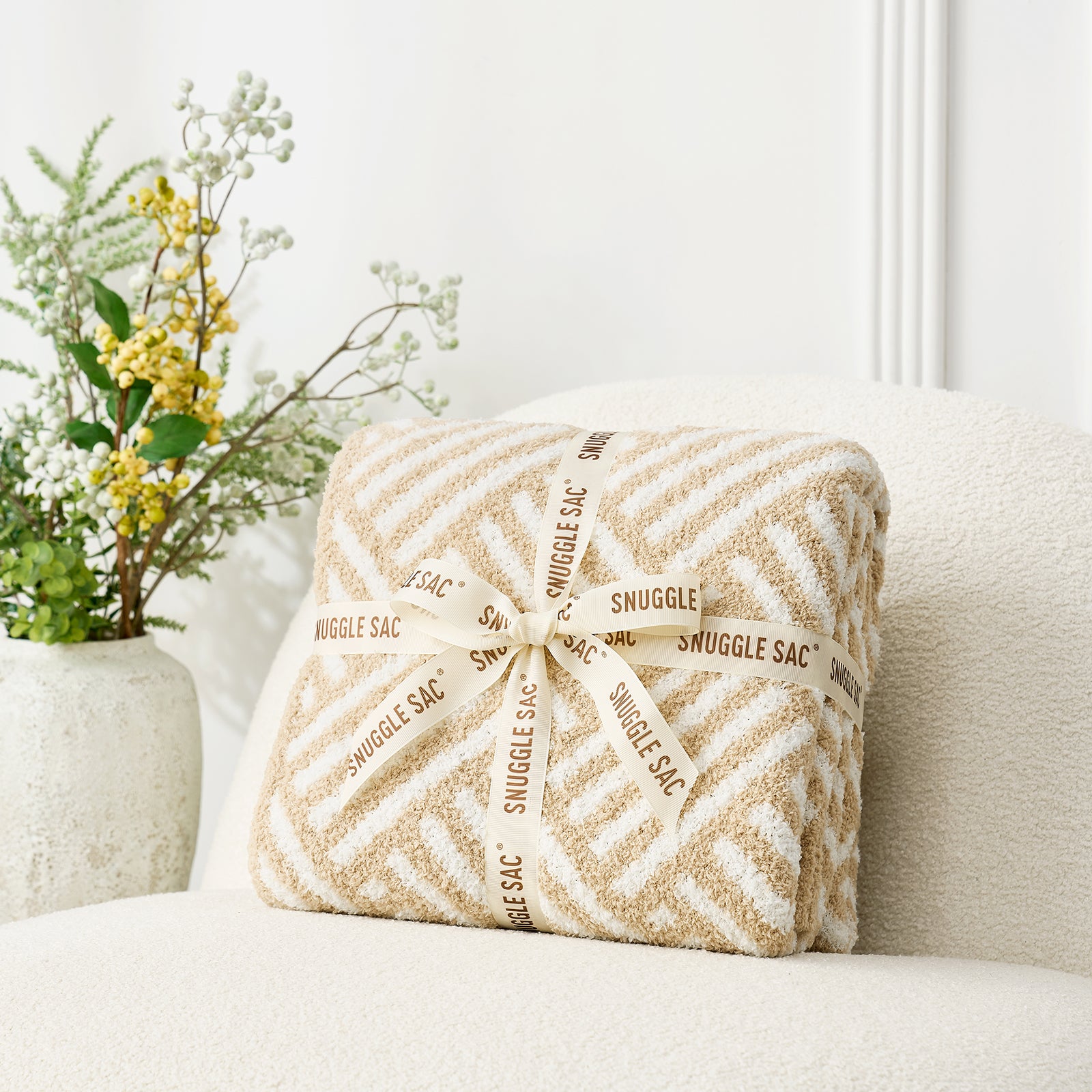 Classic Boho Feather Yarn Knit Throw Blanket, wrapped as a perfect gift #color_Beige