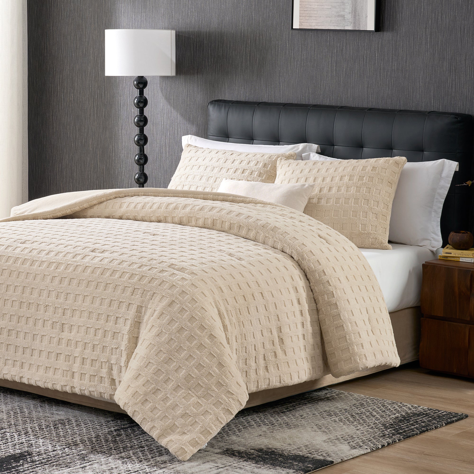 Side view of Snuggle Sac Winter Jacquard Cuddle Soft Waffle Comforter Set in khaki on bed#color_Khaki