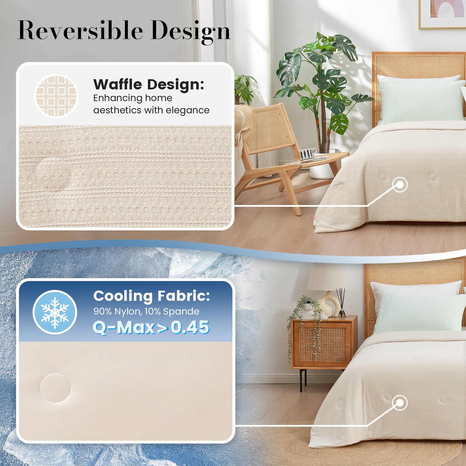 Waffle design fabric with cooling fabric feature in a bedroom setting#color_Beige