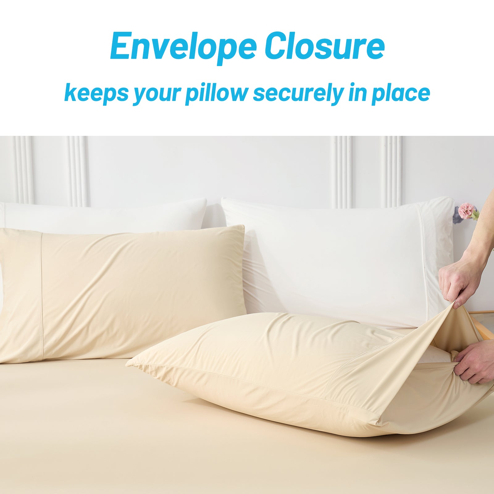 Person placing a beige Snuggle Sac pillowcase on a pillow with text about envelope closure.#color_Khaki