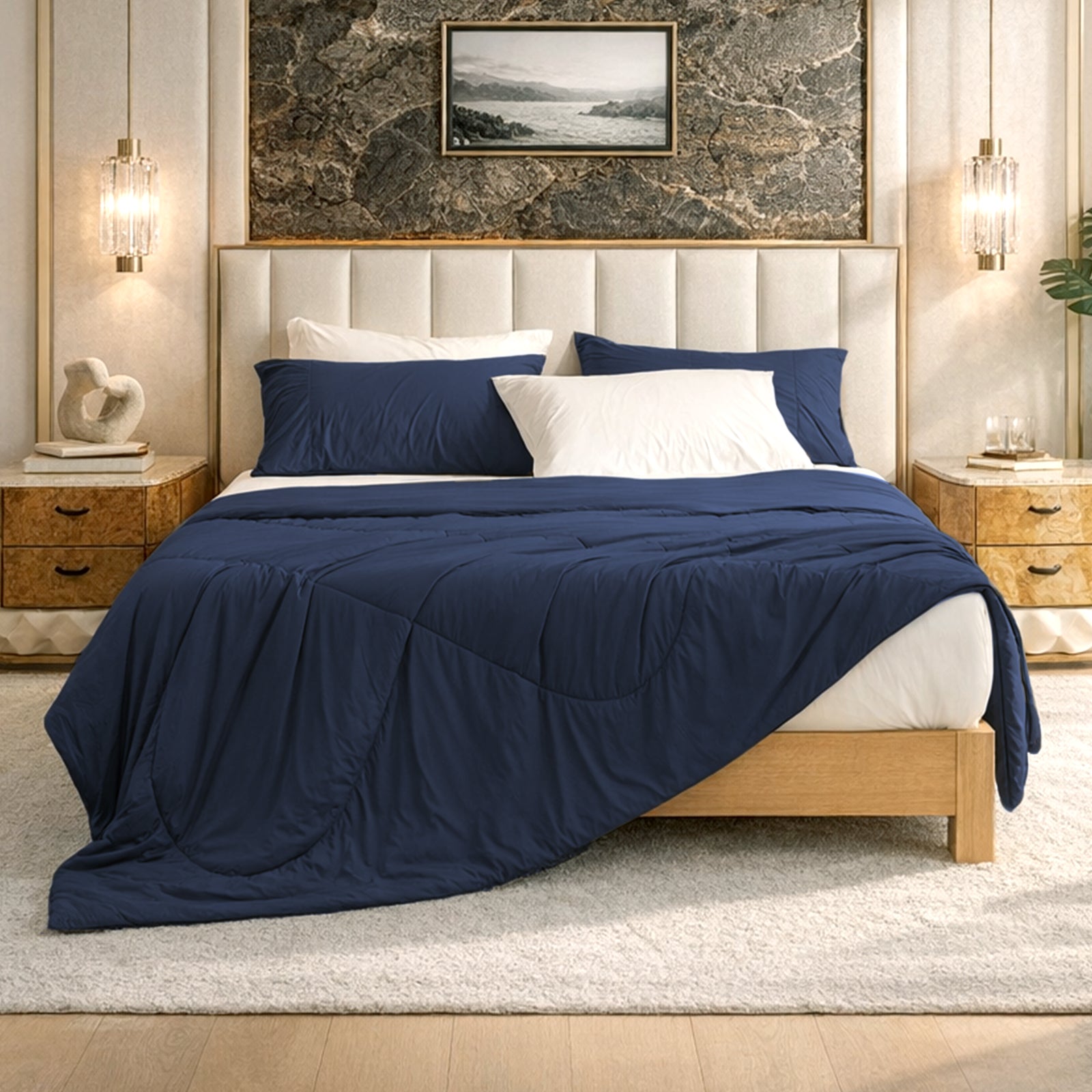 Cozy Bliss Dark Blue Cloud-like extra cooling comforter on bed in cozy bedroom.#Color_Dark Blue