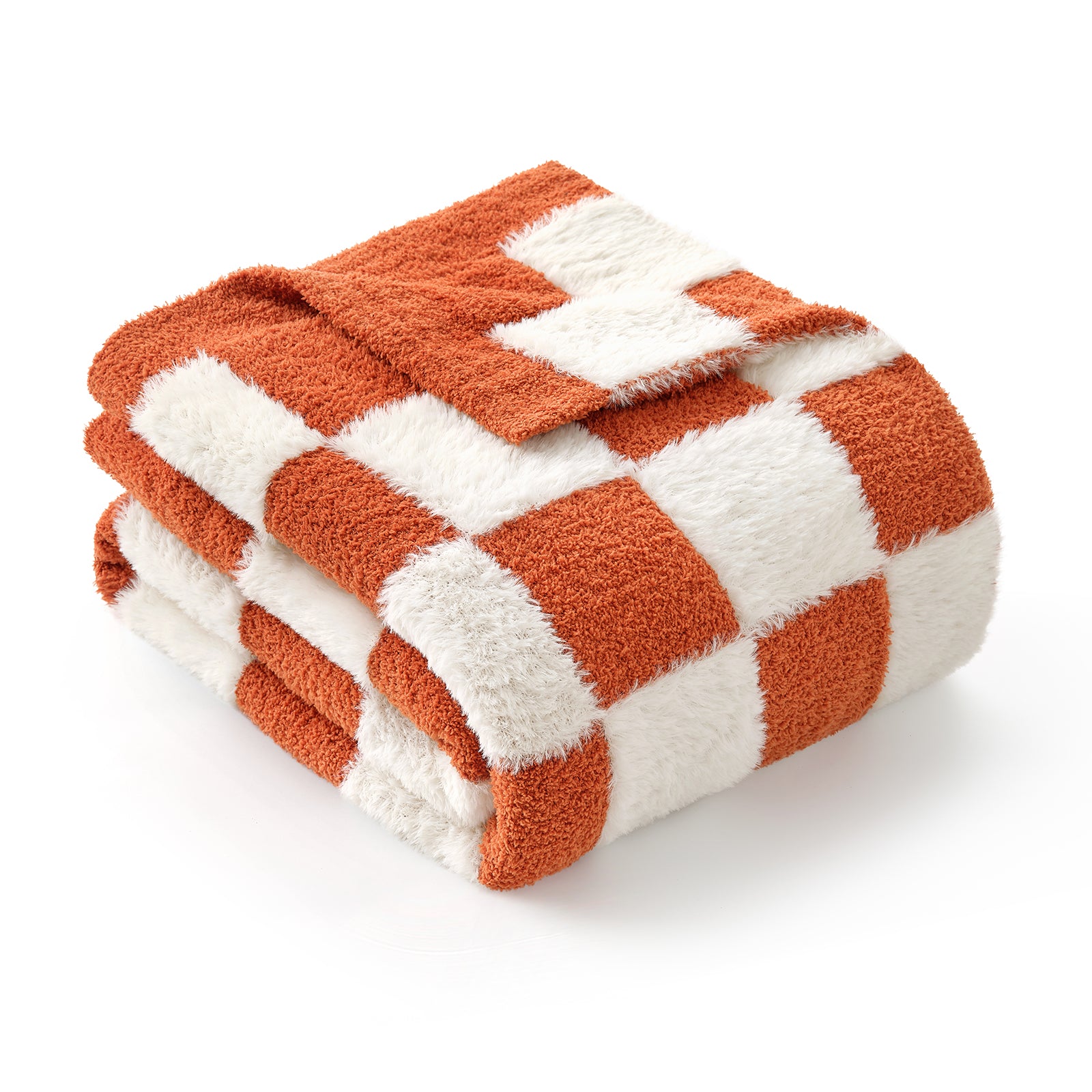 Stack of orange and white checkered towels on a white background #color_Orange