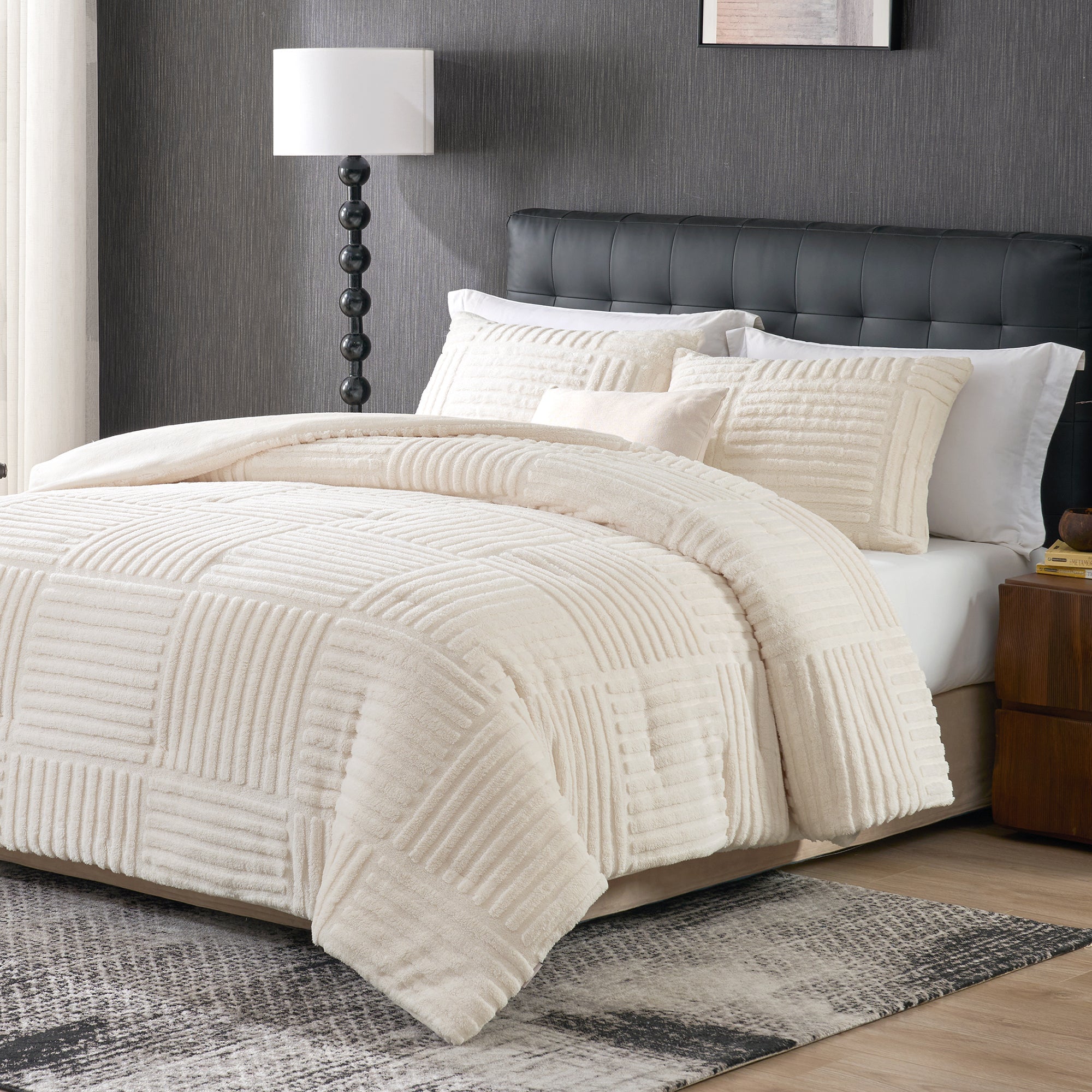 Snuggle Sac Winter Stripe Jacquard Design Comforter Set in beige on bed#color_Beige