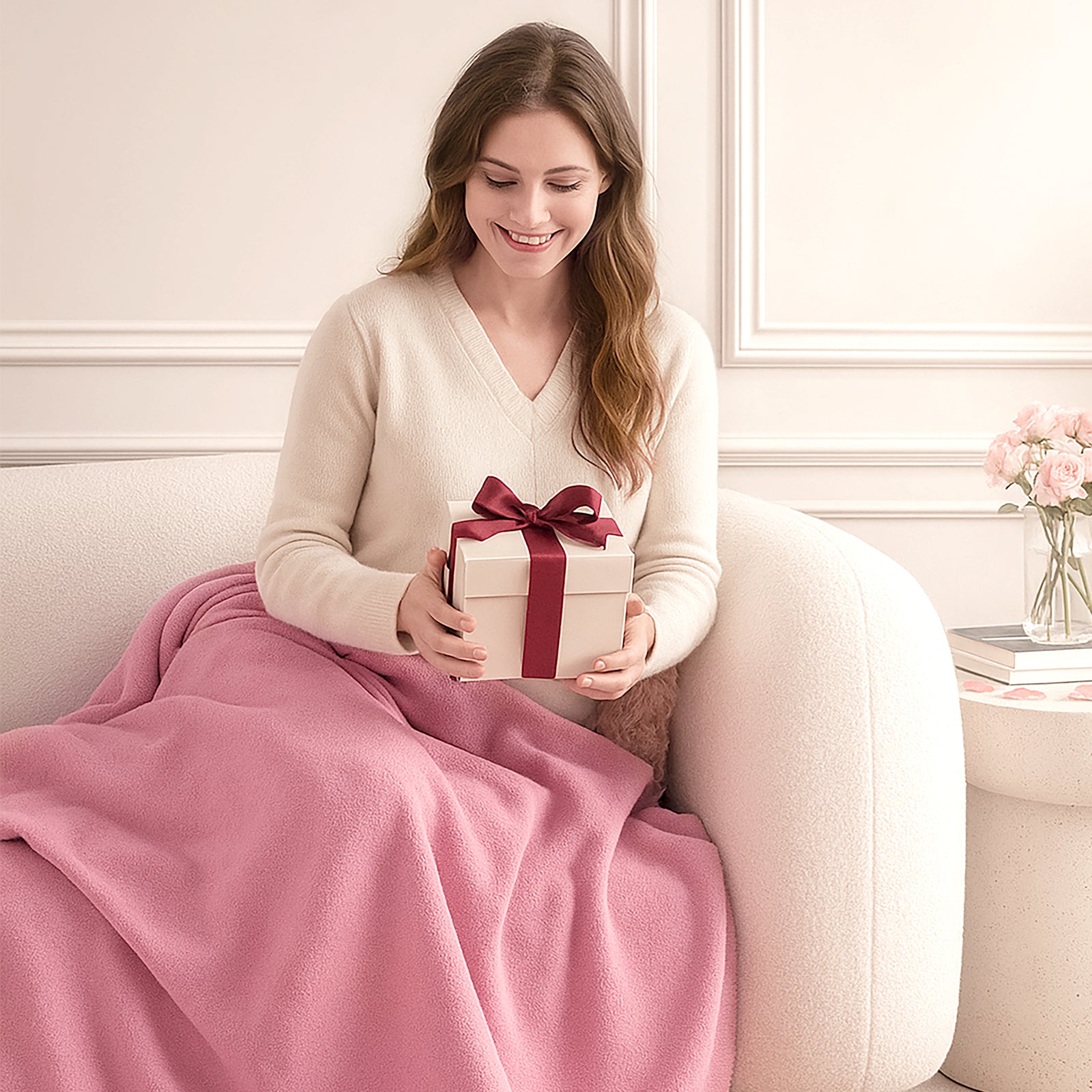 SnugCozy Valentine Pink Ruffle Chenille Knit Throw Blanket