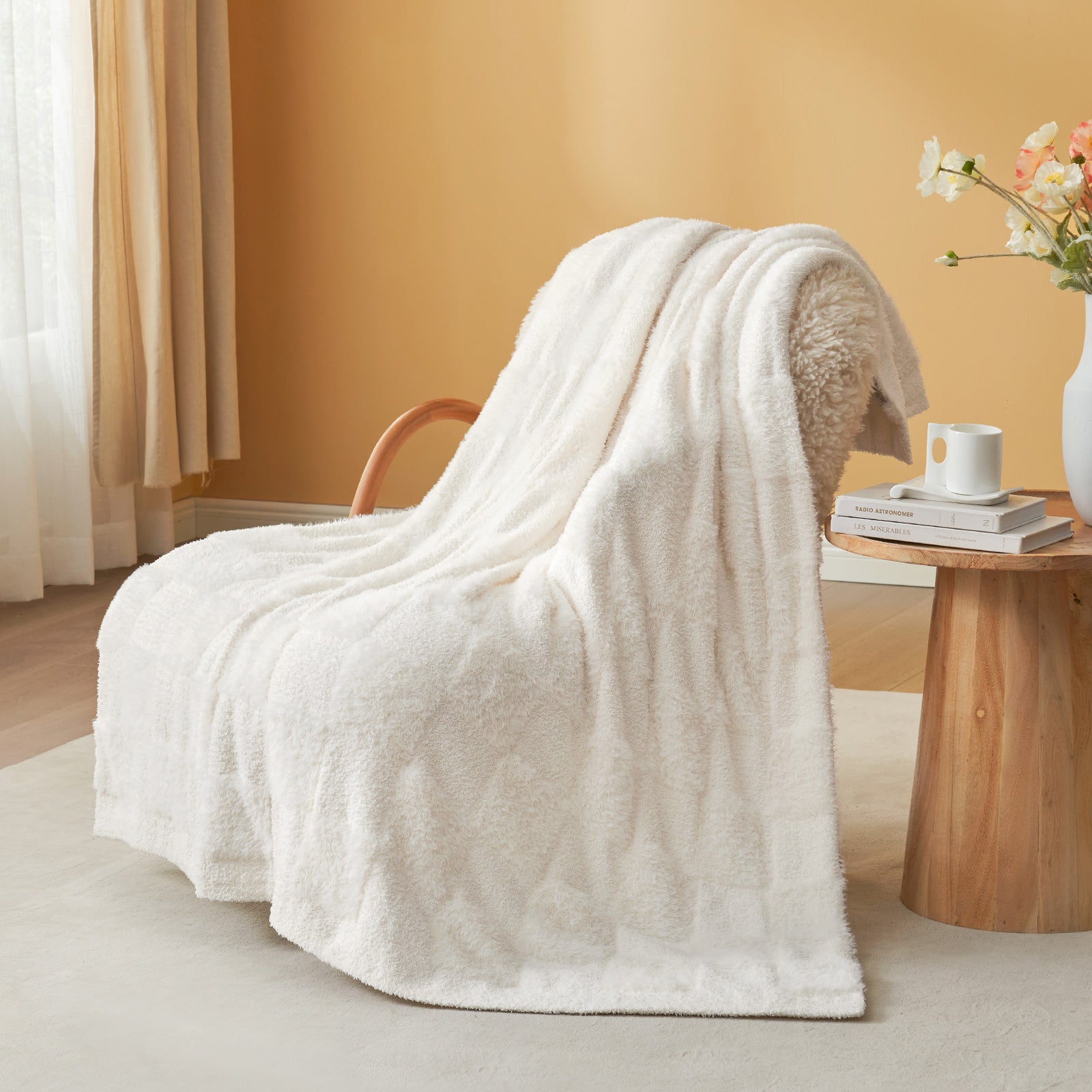 Checkered Faux Fur Microfiber Blanket - #Color_Solid Ivory