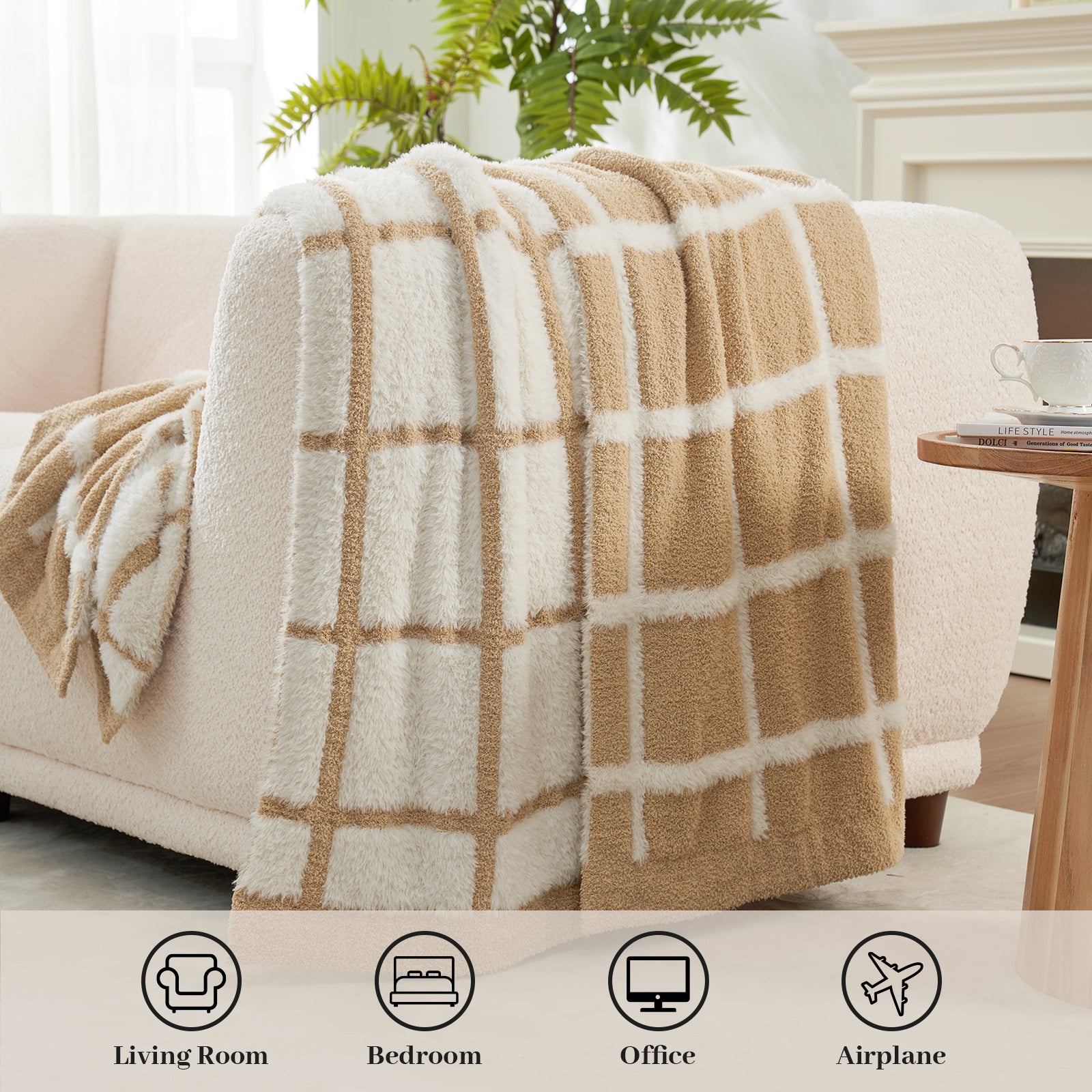 Beige and White checkered Faux Fur Knit Throw Blanket draped over a couch in a living room setting with icons and text indicating its use in various settings.#color_Beige
