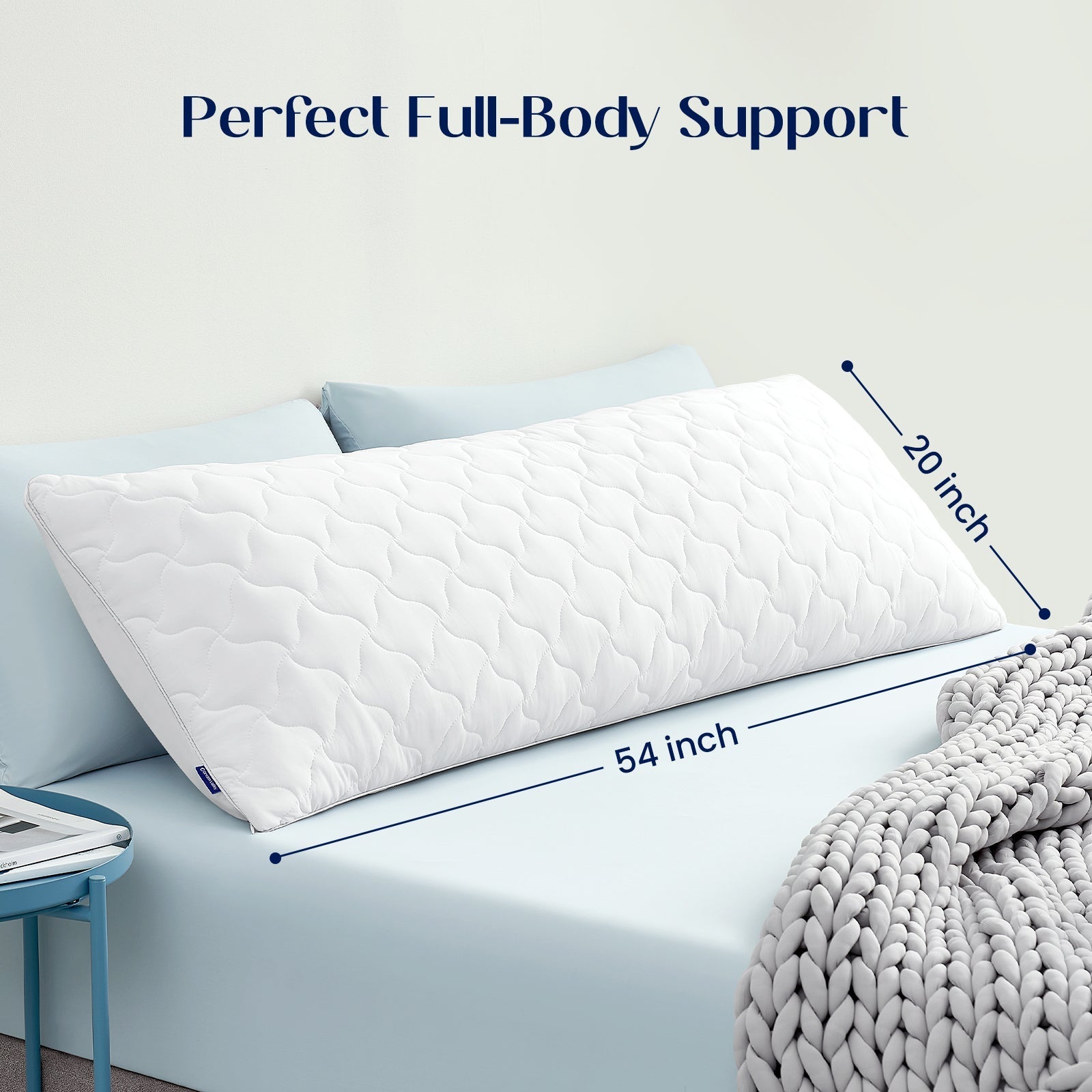 Size display of cooling body pillow, perfect for full-bodu support. #color_White