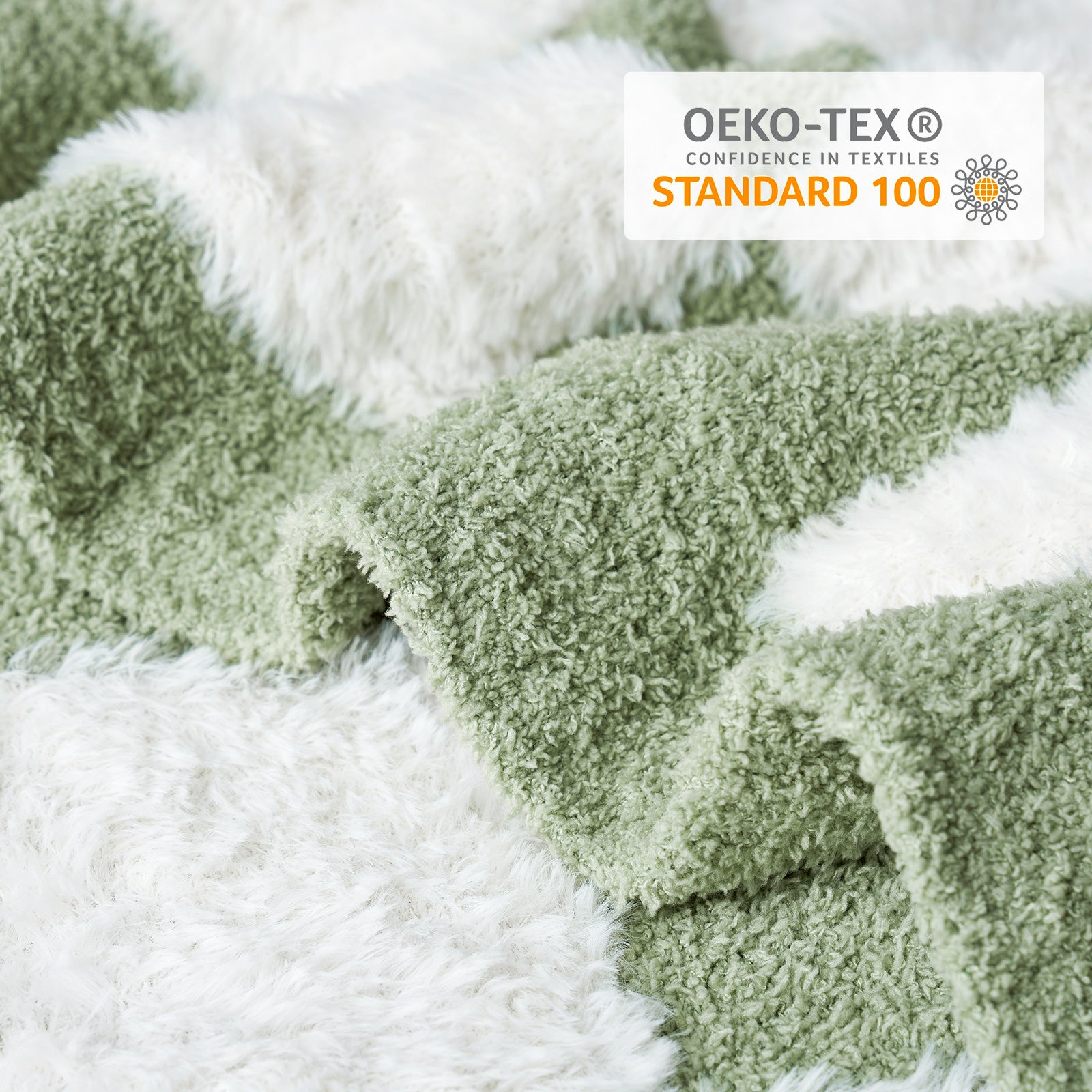 Checkered Faux Fur Microfiber Blanket - #Color_Sage Green White