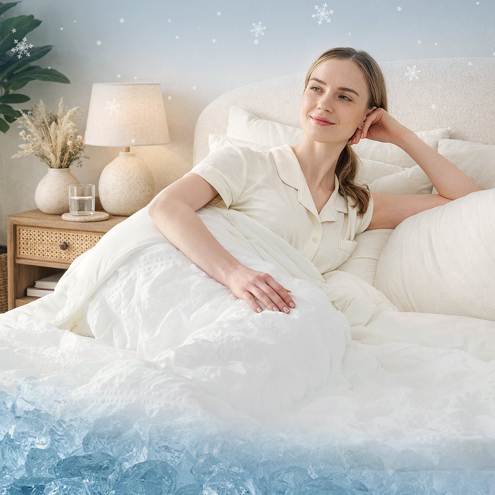 A woman laying down on the bed with Snuggle Sac Cooling comforter#color_White
