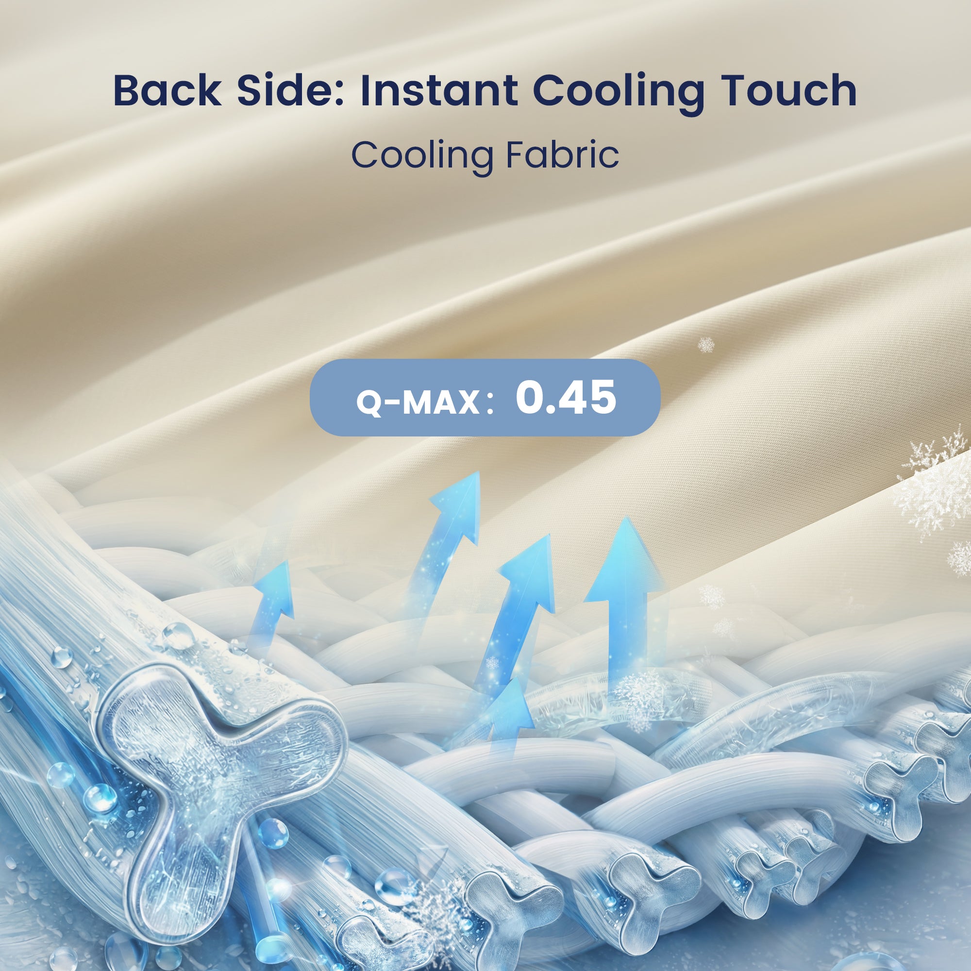 Illustration of cooling fabric with blue arrows and text indicating instant cooling touch.#color_Beige