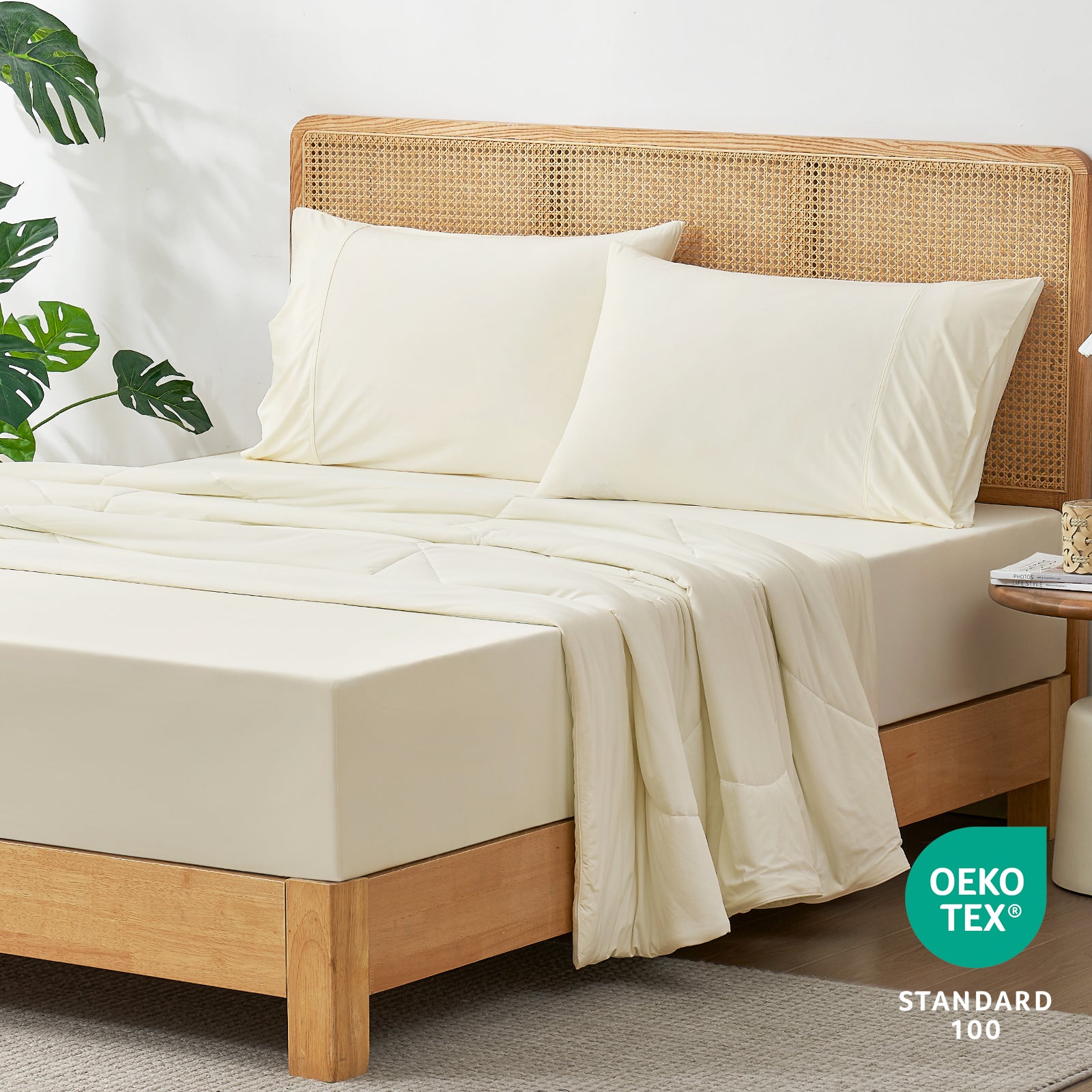 45-degree bedroom view with OEKO-TEX certified fitted sheet.#color_White