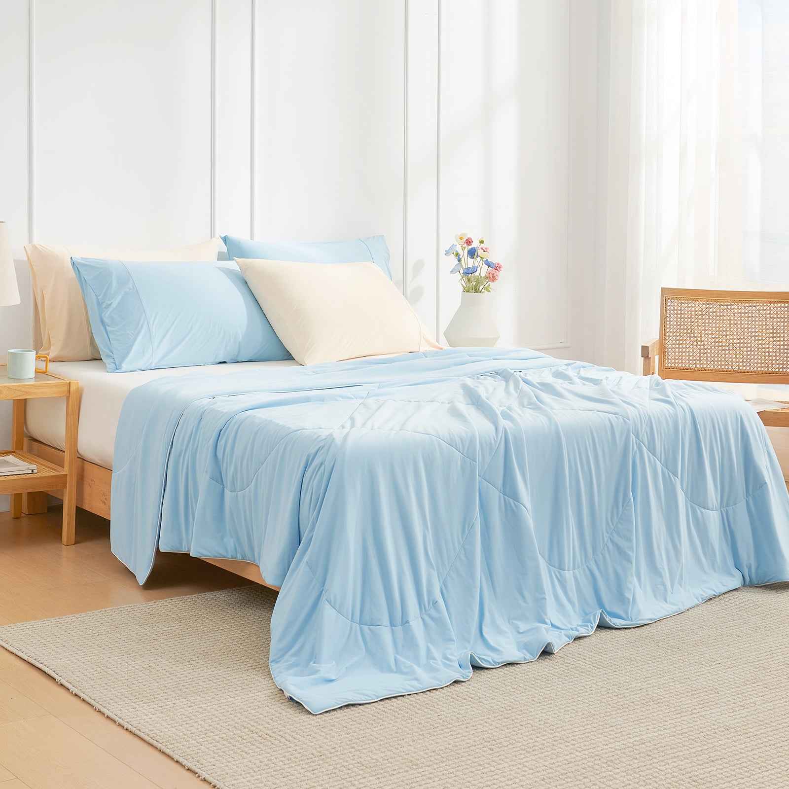 Bedroom view at 45 degrees, featuring a cooling comforter on the bed for hot sleepers#color_Sky Blue