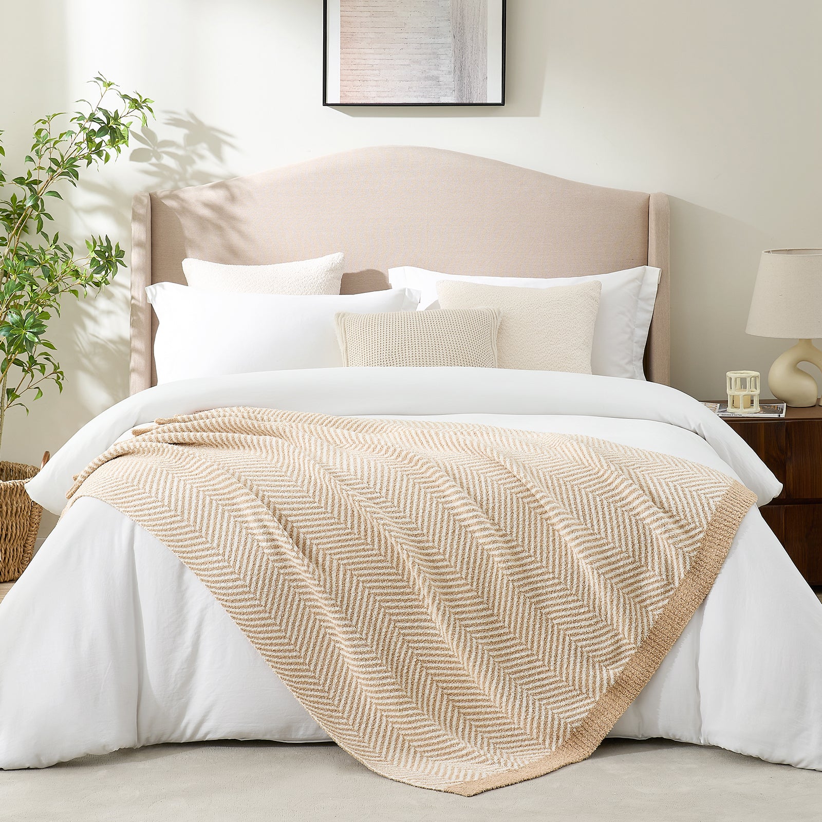 Snuggle Sacs Herringbone Feather Yarn Knit Throw Blanket on the bed with plant and furnitures#color_Beige