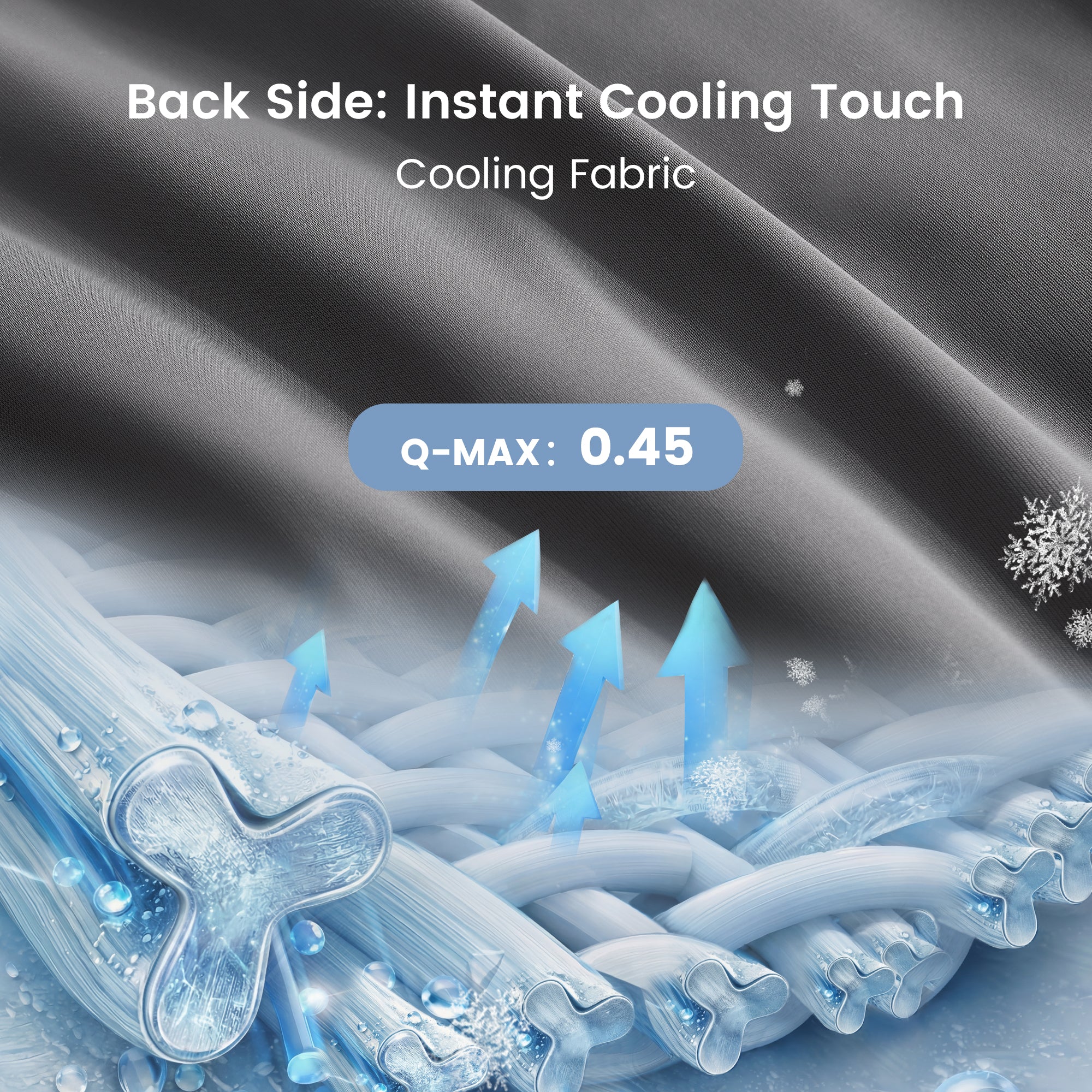 Illustration of cooling fabric with text and Q-MAX value on a gray #color_Charcoal Greybackground
