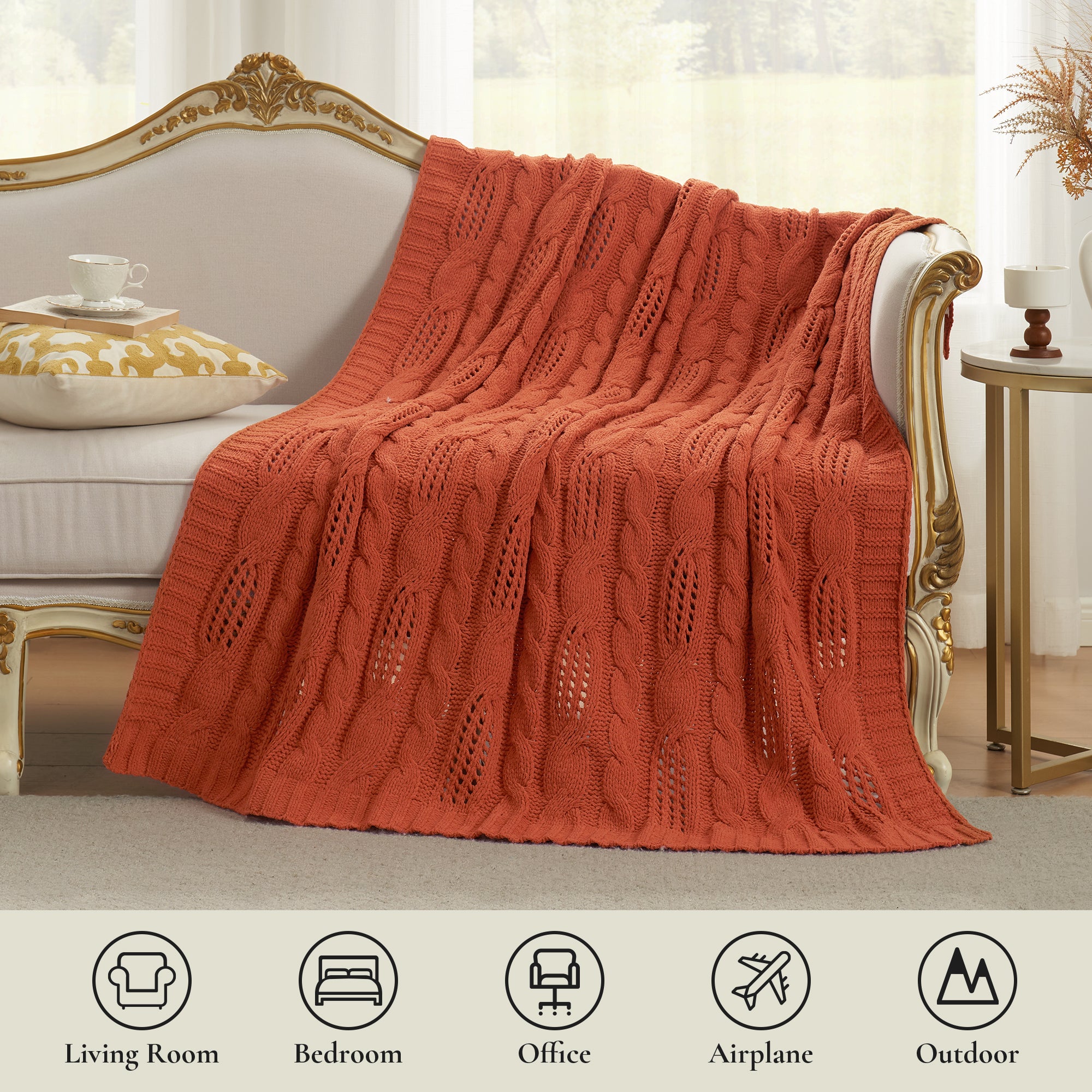 Cable chenille knit throw blanket in Burnt Orange suitable for living room bedroom office travel and outdoor use #color_Burnt Orange