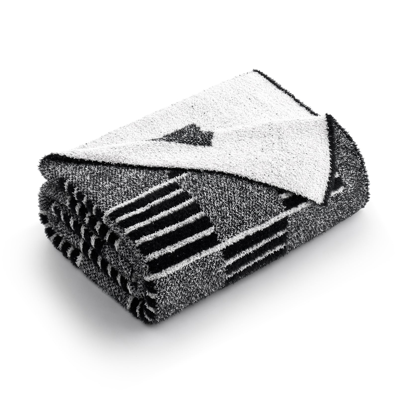 Folded black and white towel with a logo on a white background #color_Heather Black