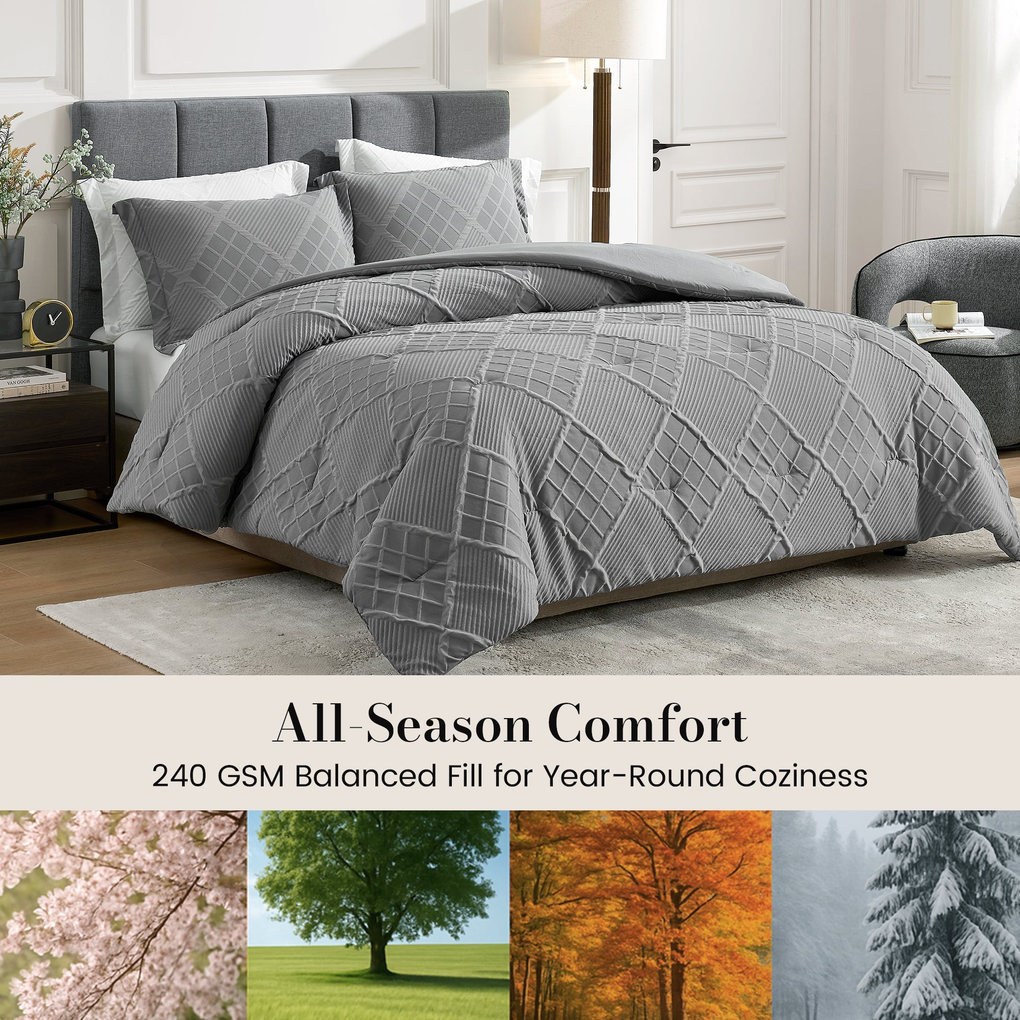 Snuggle Sac All-Season Jacquard Windowpane Comforter Set in dark grey on bed in a bedroom showing all season comfort#color_Dark Grey