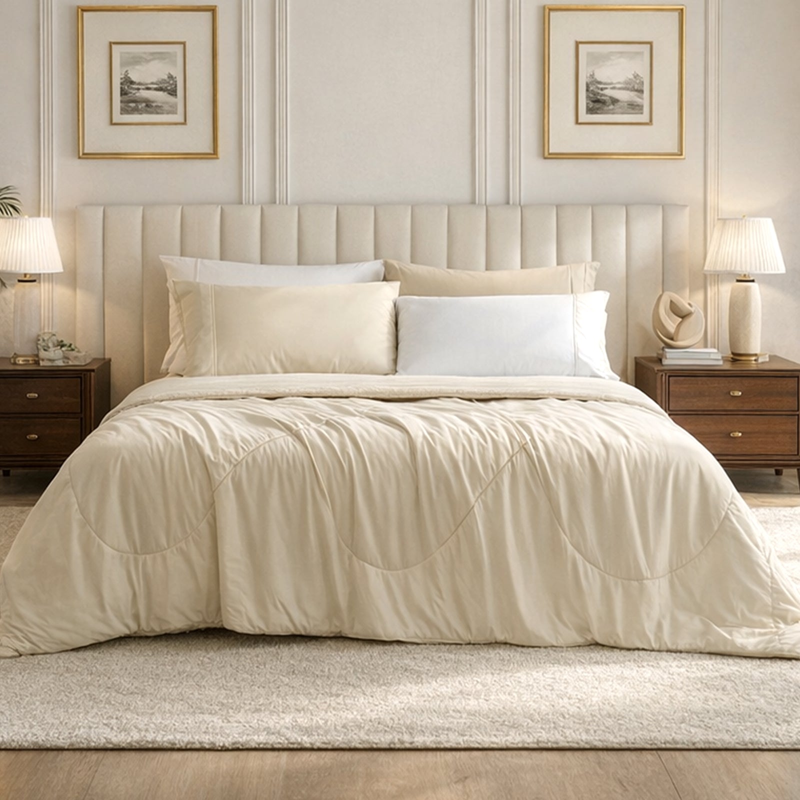 Cozy Bliss Khaki Cloud-like extra cooling comforter on bed in cozy bedroom.#Color_Khaki