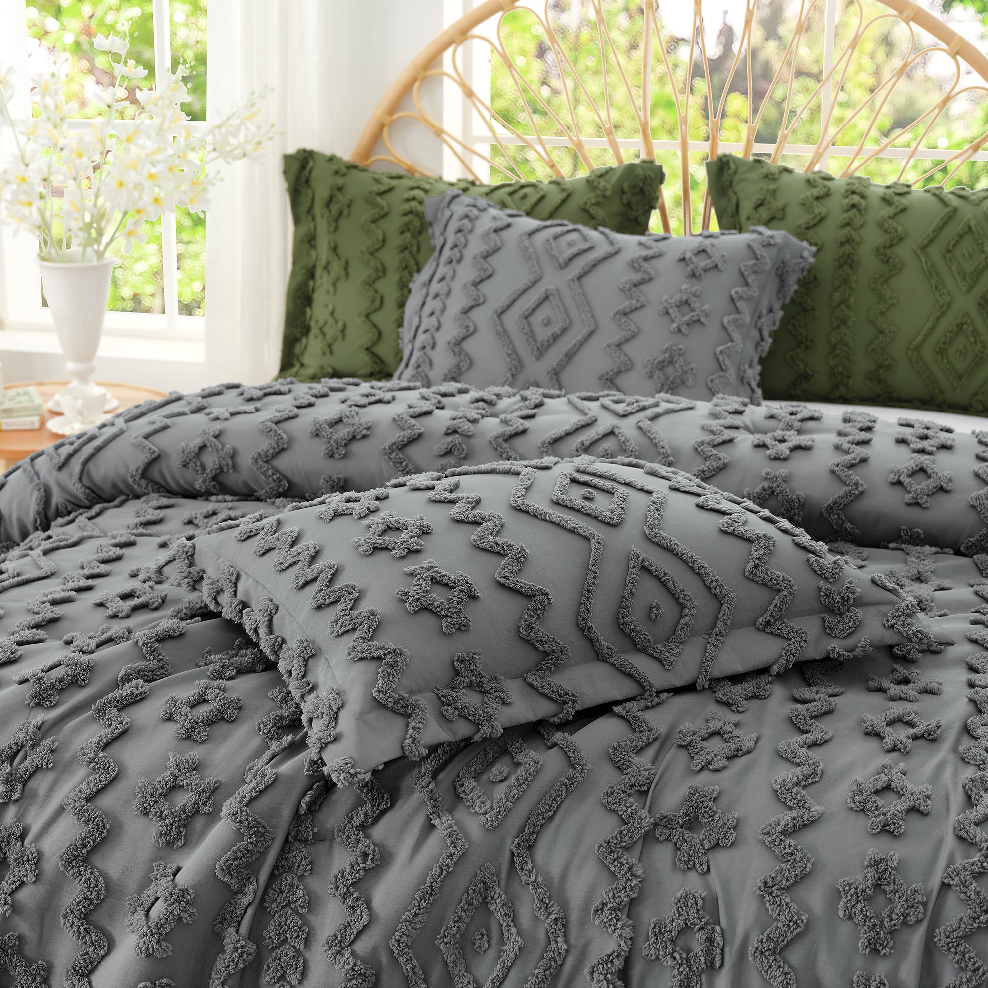 Textured gray bedding on a bed with a blurred outdoor background#color_Dark Grey