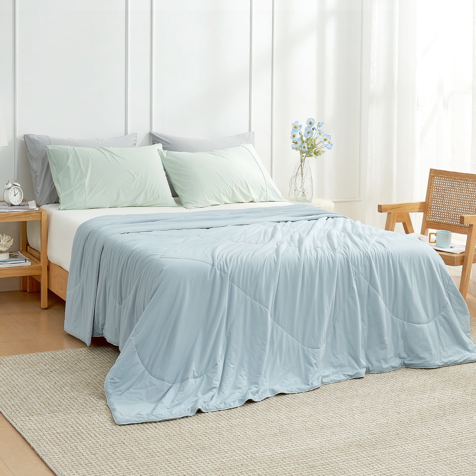 Bedroom view at 45 degrees, featuring a cooling comforter on the bed for hot sleepers#color_Blue