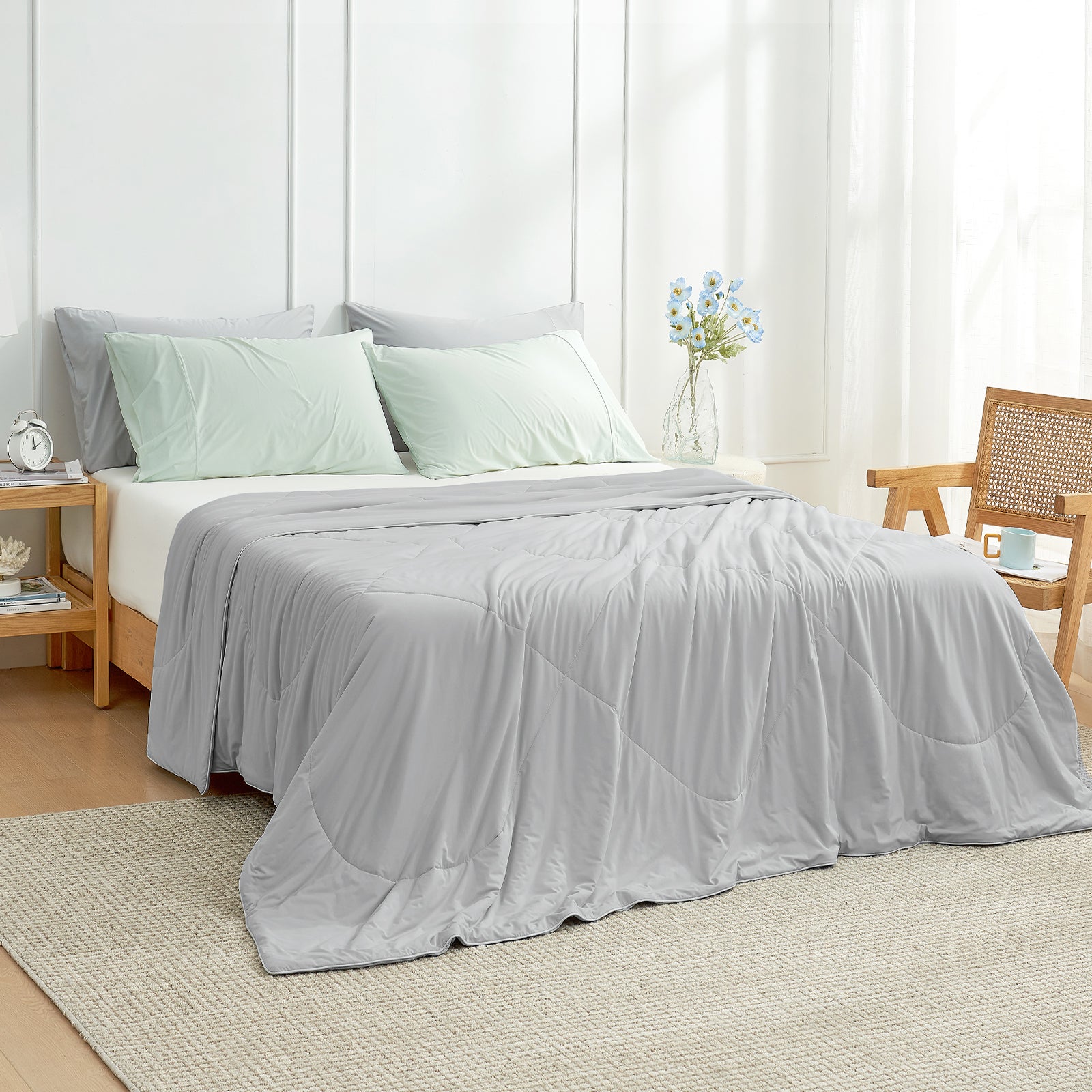 Bedroom view at 45 degrees, featuring a cooling comforter on the bed for hot sleepers#color_Grey