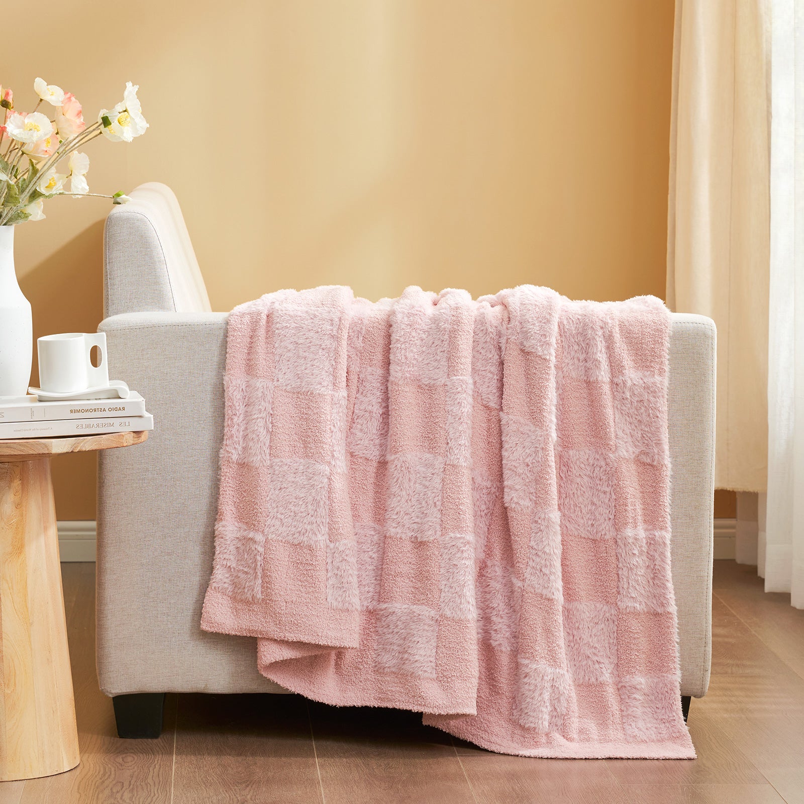 Checkered Faux Fur Microfiber Blanket - #Color_Solid Pink
