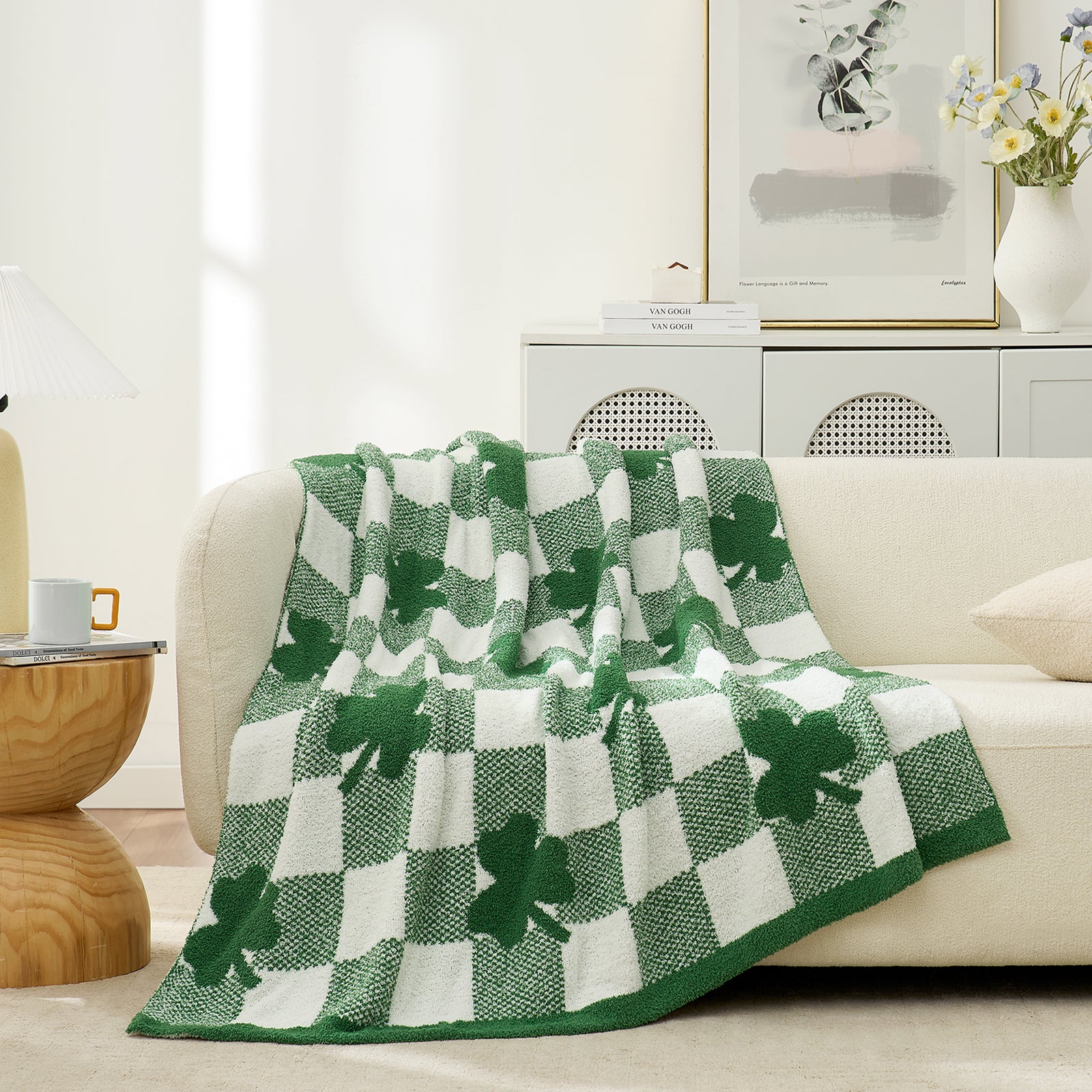 SnugCozy Lucky Shamrock Feather Yarn Knit Throw Blanket