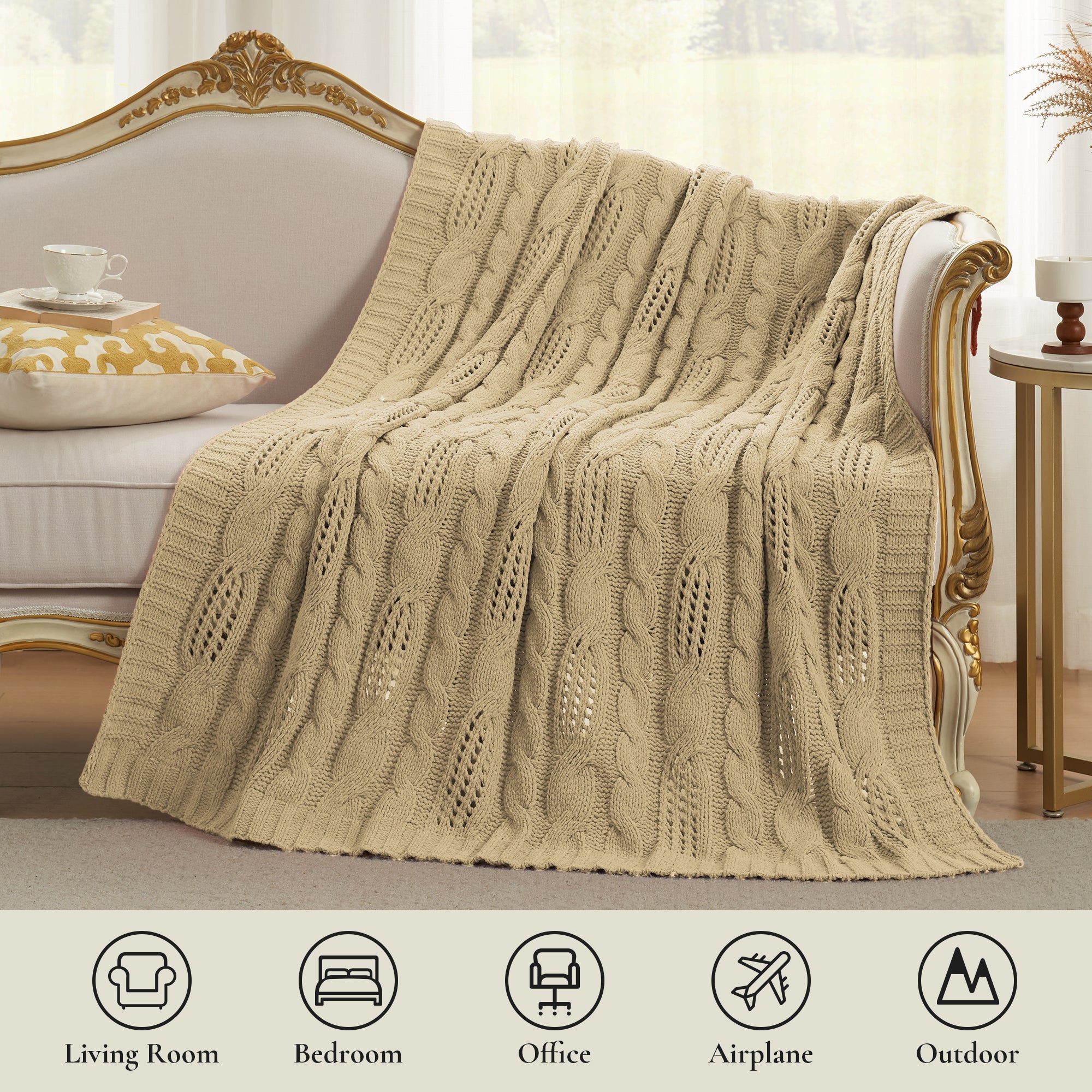 Cable chenille knit throw blanket in Beige suitable for living room bedroom office travel and outdoor use #color_Beige