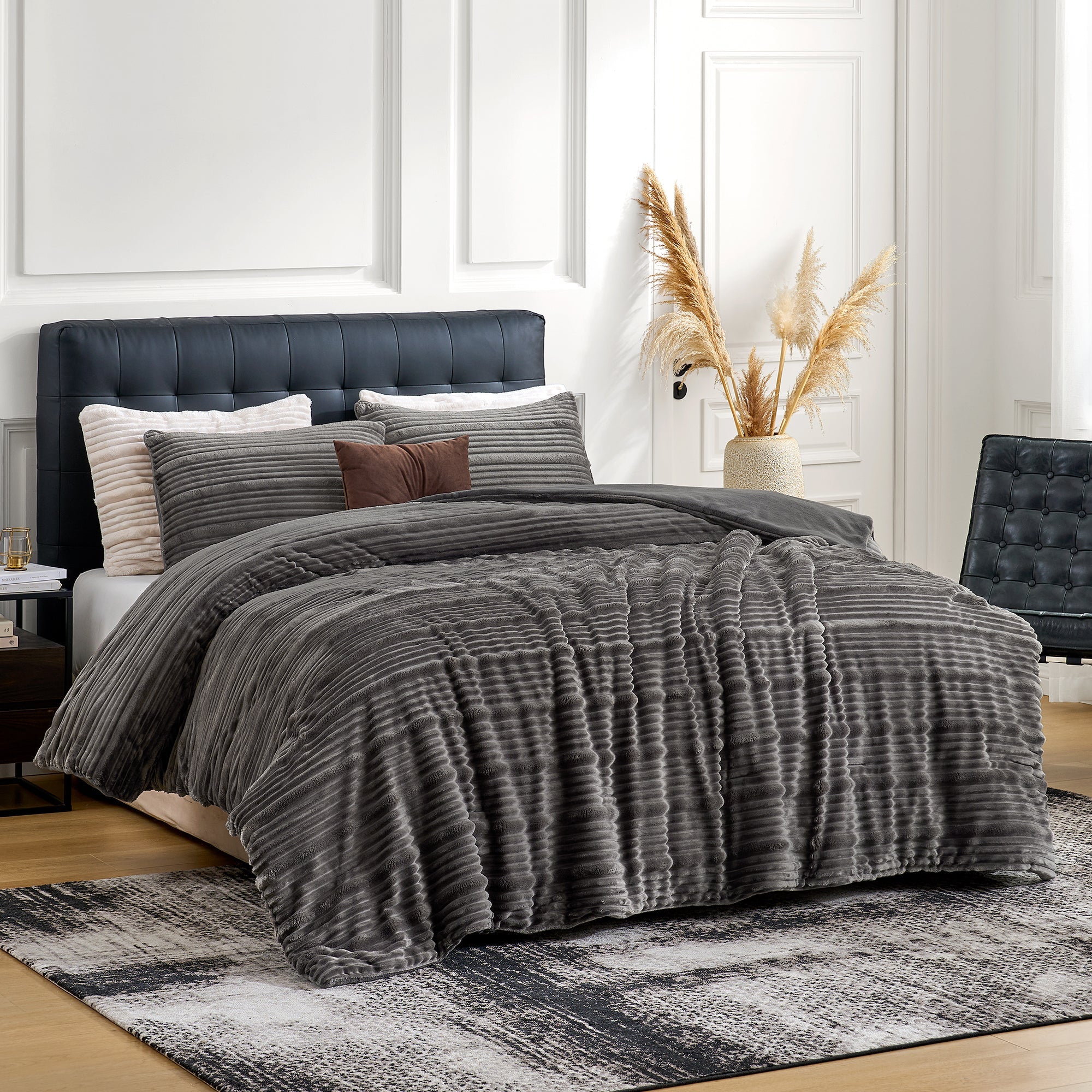 Side View of Snuggle Sac Winter Striped Flannel Fleece Comforter Set on bed#color_Dark Grey