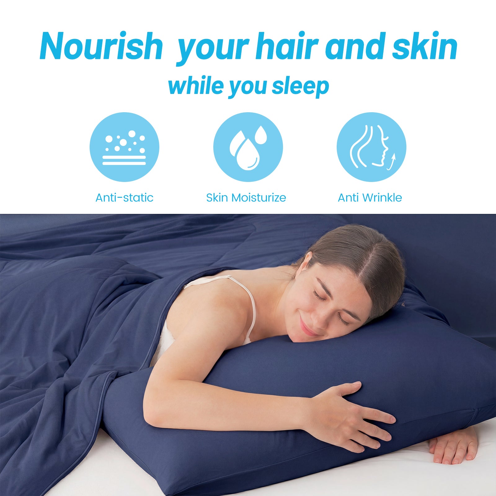 Woman sleeping under a dark blue Snuggle Sac comforter with text about hair and skin care benefits.#color_Dark Blue