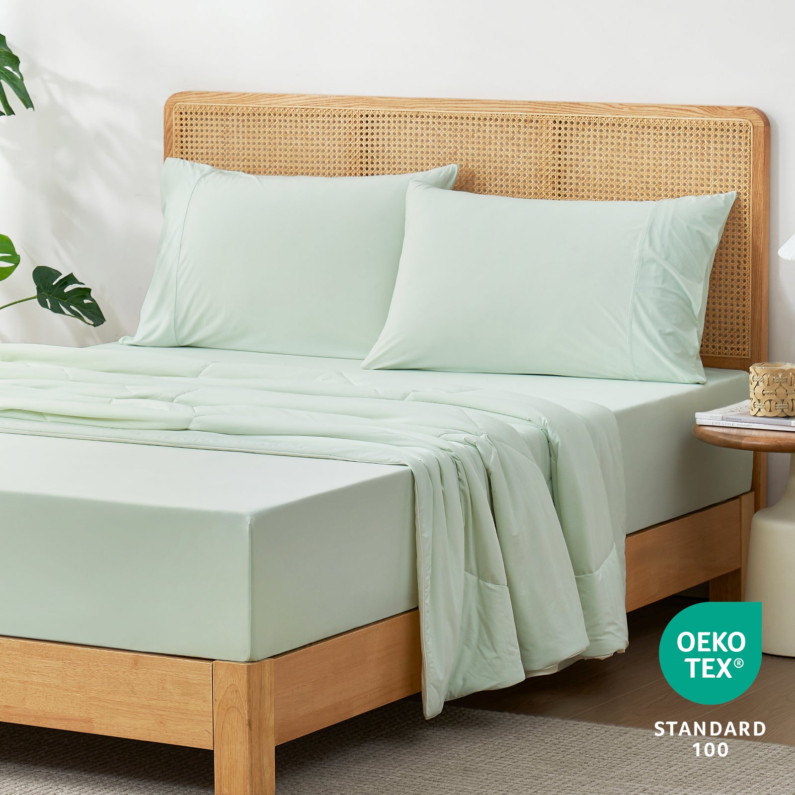 45-degree bedroom view with OEKO-TEX certified fitted sheet.#color_Mint Green