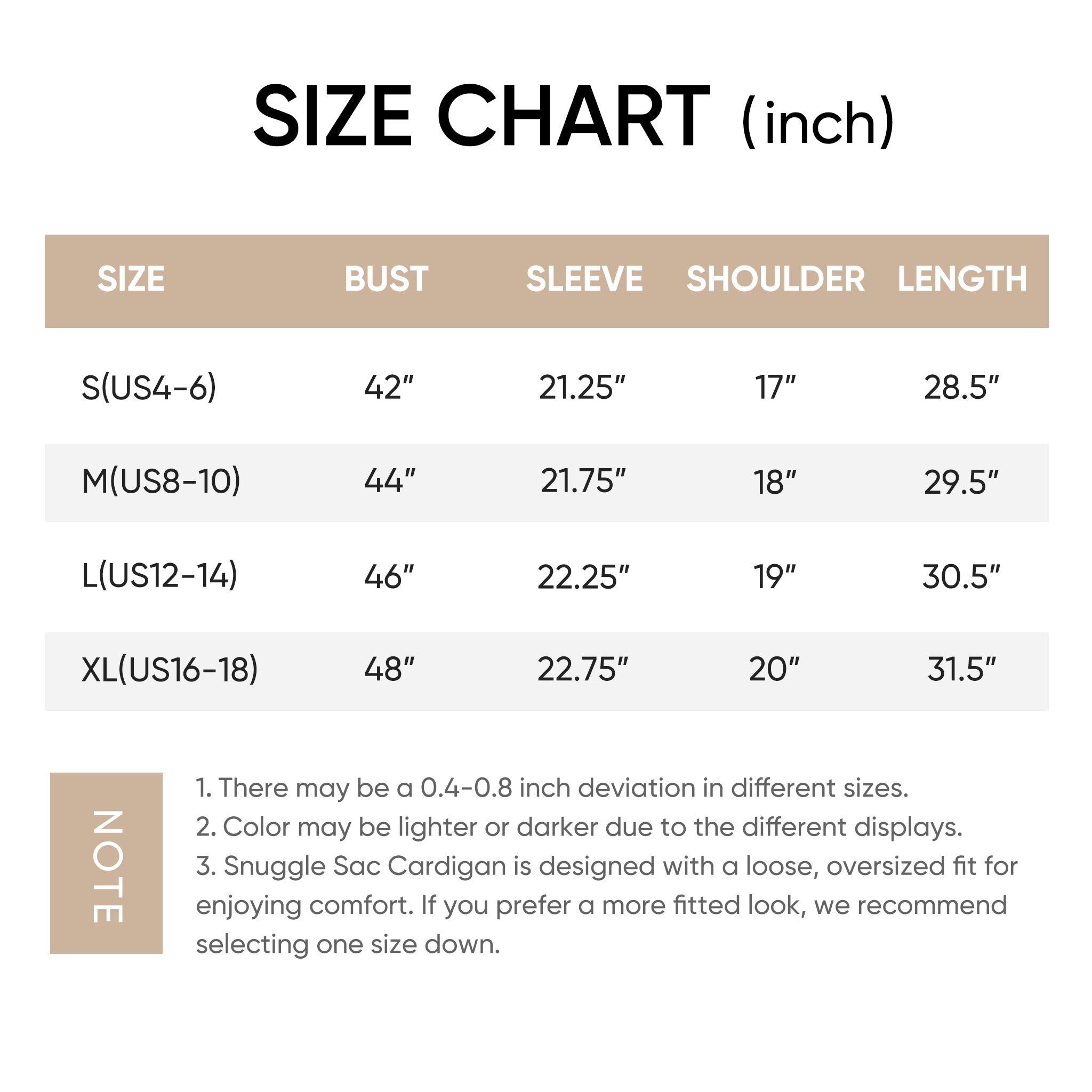 Size Chart of Snuggle Sac women cardigan sweater with pocket.