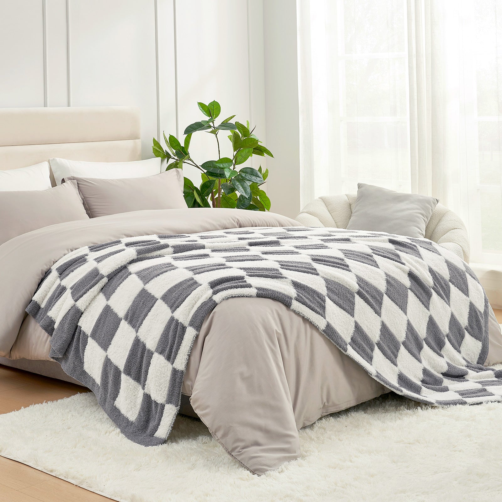 Checkered Faux Fur Microfiber Blanket - #Color_Grey White